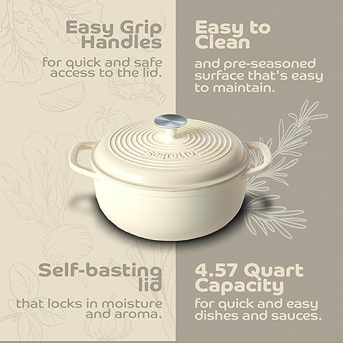 Miniatura 4 de Segretto Cookware Olla Holandesa de Hierro Fundido Esmaltado con Tapa 4.57 Cuartos, Bianco Perla (Blanco Hueso) Horno Holandés Esmaltado Blanco de