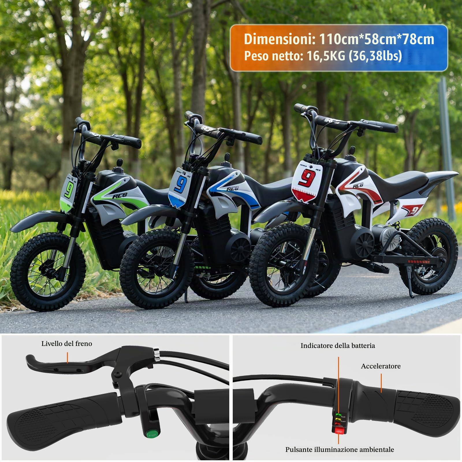 RCB R9X PRO Moto Elettrica per Bambini, Motocicletta con Motore 350W, 3 Velocità (10/15/25 km/h), autonomia 16 KM, luci Ambientali, Doble Suspensión, Ruote 12" Motocross per bambini 6+ anni