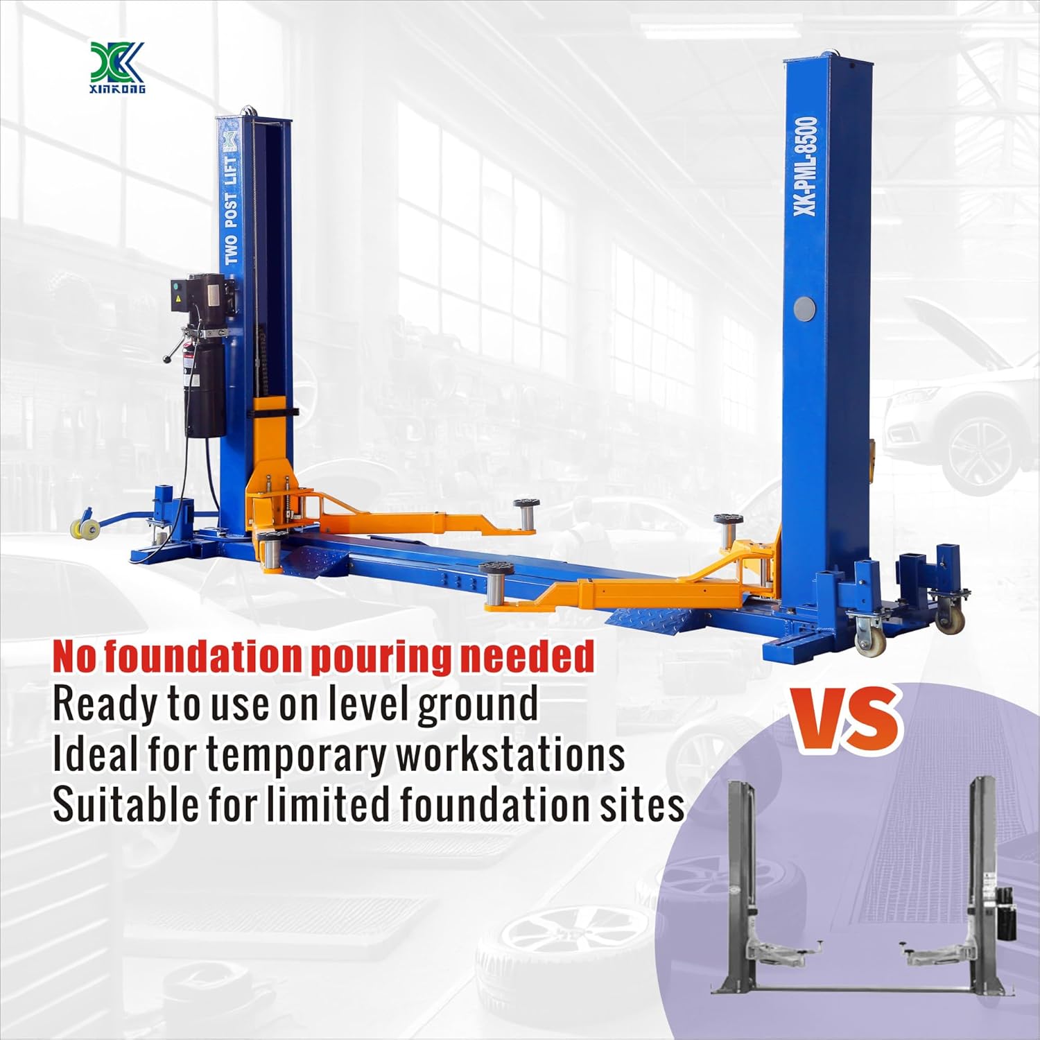 XK-8500 Mobile Two Post Lift 8500 LBS Max Load Bilateral Unlocking Floor Design, Adjustable 2-Section Arms, Portable Mobile Base with Wheels, 110V