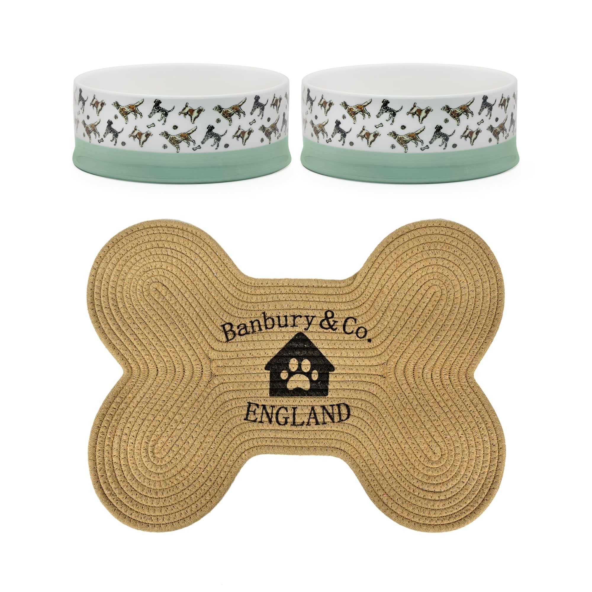Banbury & Co Dog Feeding Station Gift Set | Set of 2 Ceramic Dog Bowls – 750ml, Dishwasher Safe | Durable Bone-Shaped Jute Rope Feeding Mat | Gift Set for Dog Lovers