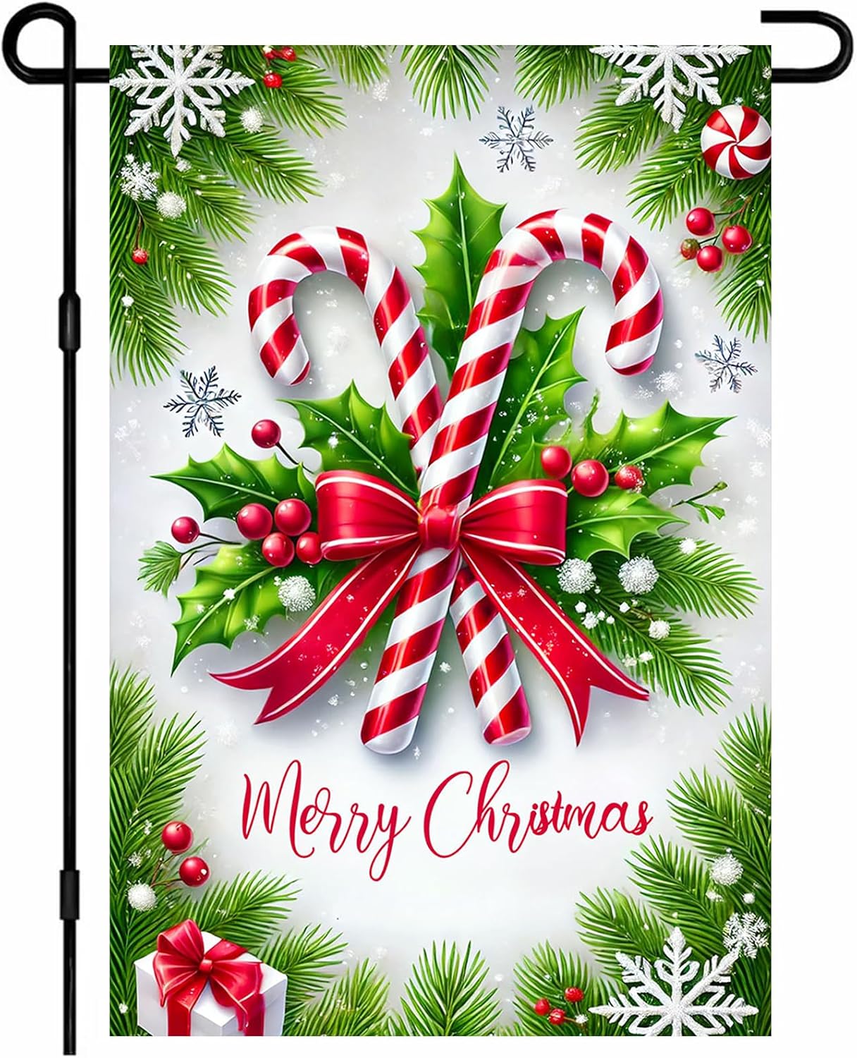 IVN Christmas Candy Cane Garden Flag 12x18 Inches Double Sided Holiday Yard Decor Red And White Striped Candy Holly Bow Outdoor Garden Porch Lawn Patio