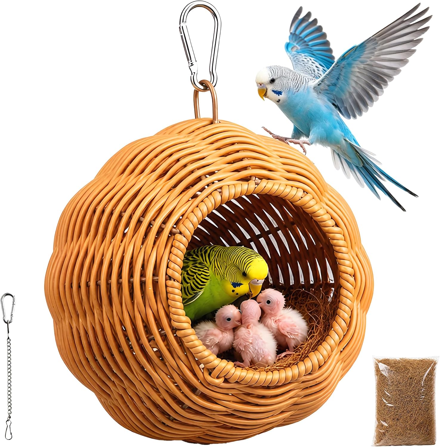 Bird Nest for Cage, Hanging Rattan Parrot Bed, Washable Breathable for Parakeets Cockatiels Lovebirds(Circular Opening)