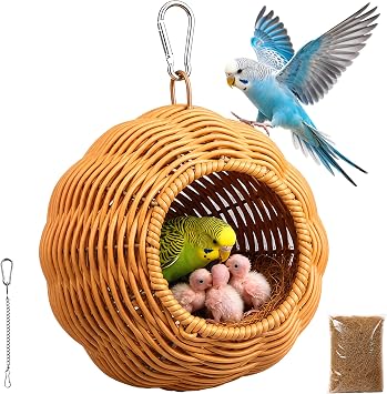 Bird Nest for Cage, Hanging Rattan Parrot Bed, Washable Breathable for Parakeets Cockatiels LovebirdsCircular Opening