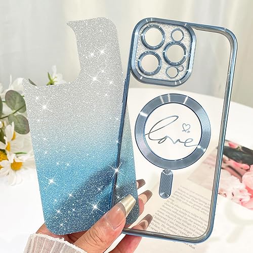 Vista 566 de Fiyart - Funda transparente magnética con purpurina para iPhone 12 para mujeres, con grabado "Love" metálico, protección para cámara y antigolpes