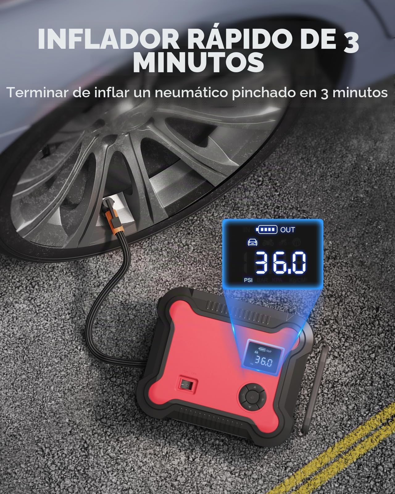Buture Pro Booster Batería y Compresor de Aire Portátil 2500A, 23800mAh Arrancador de Coche (Todo Gas o 8,0 L Diesel), Inflador Eléctrico 150 PSI, 120 W Salidas DC y Luz de Emergencia