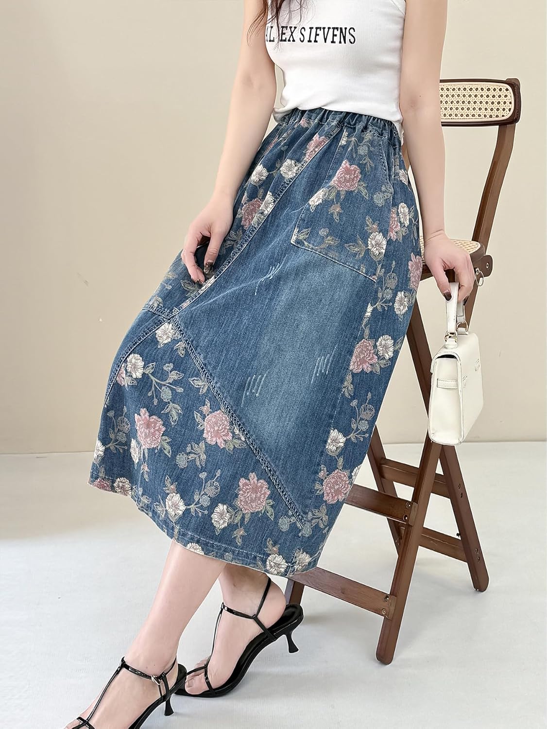 Womens Floral Print Denim Skirt Knee Length High Waist Jean Skirts, Midi Length A Line Skirt Pants with Pockets