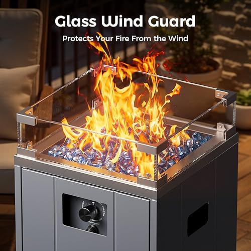 Miniatura 3 de BALI OUTDOORS Chimenea de gas de 15 pulgadas, cuenco exterior de propano con protector de viento de vidrio, chimenea cuadrada para patio con piedra