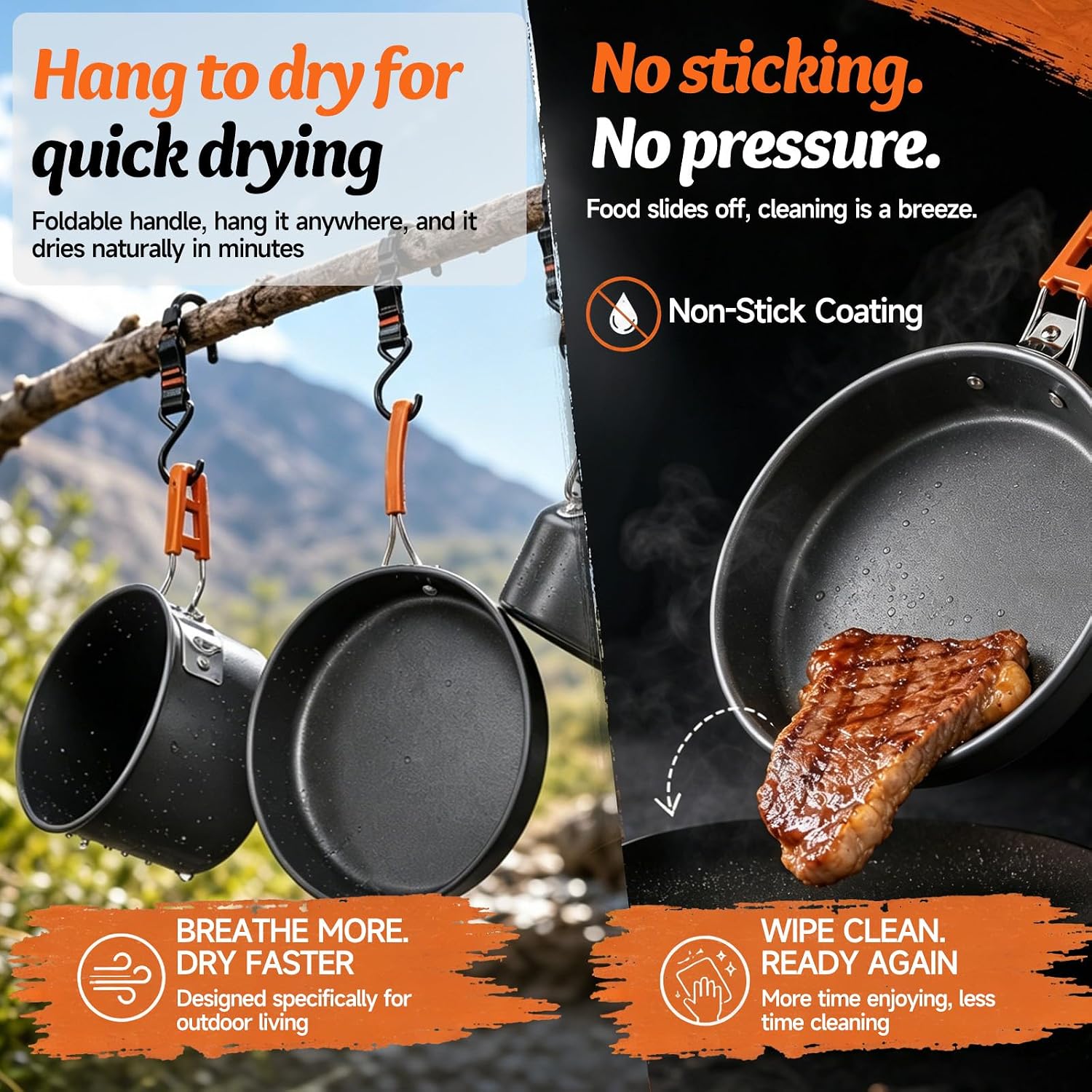 Camping Cookware, 10-Piece Non-Stick Foldable Mess Kit with Kettle | Crafted from durable anodized aluminum; must-have camping essentials and gear for hiking, backpacking, and family picnics.