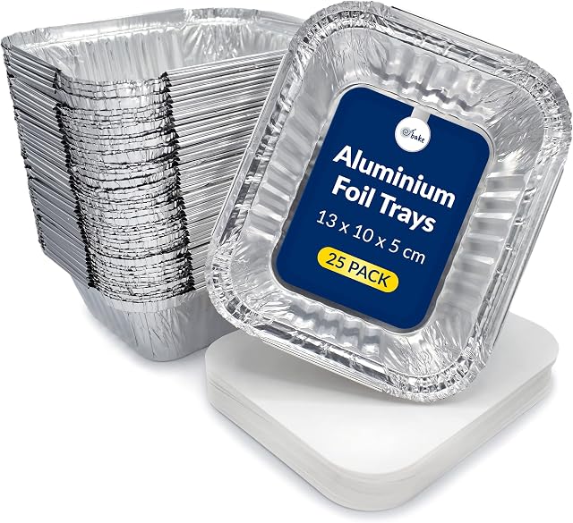 Small Aluminium Foil Food Storage Trays Disposable Foil Containers for Takeaways, Food Prep, Meal Plans & Dinners, Reusable Metal Foil Food Trays for Baking, Storing and Freezer With Lids- 25 Pack