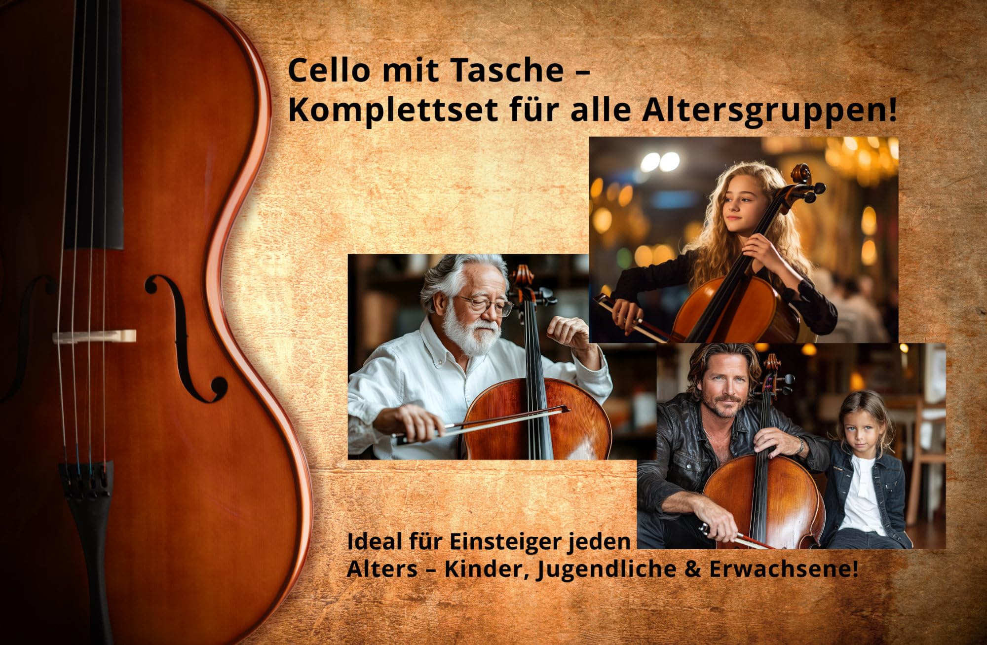 Classic Cantabile CP-200 4/4 Antique Cello Set - vollmassiver Fichten- und Ahornkorpus, Palisandergriffbrett, Feinstimmer & gepolsterte Tasche - Ideal für Anfänger & Fortgeschrittene