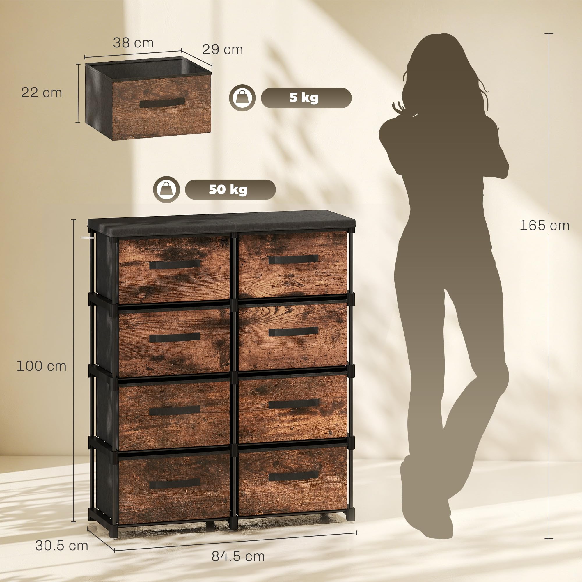 HOMCOM Cassettiera in Tessuto 8 Cassetti 84.5x30.5x100 cm Marrone Rustico | Salvaspazio, Mobile con Cassetti Industriale in Metallo, per Camera da Letto, Bagno e Soggiorno