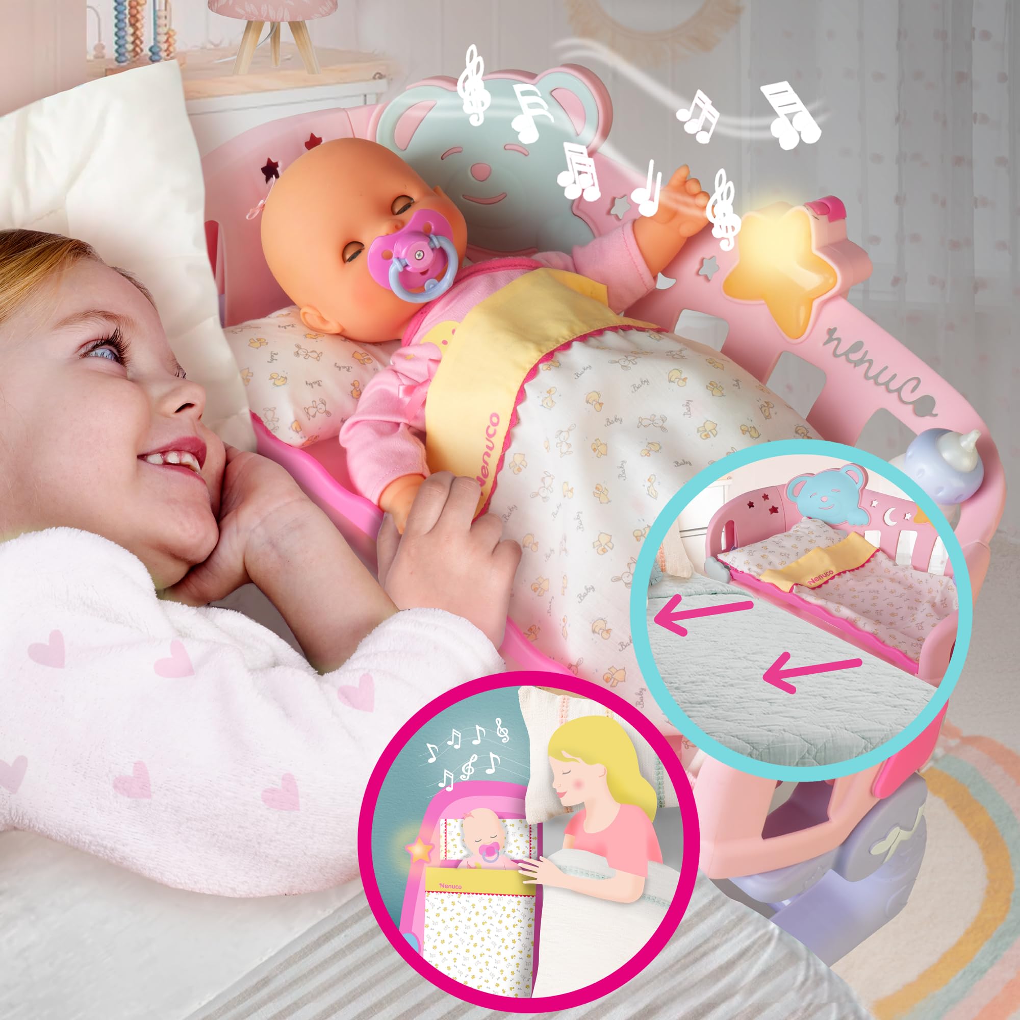 Nenuco - Dormi con me, culla 3 in 1 con bambola da 35 cm e corpo morbido, include ciuccio, biberon, copertina e stella con luci e suoni, si adatta a qualsiasi letto, +2 anni, Famosa (NFND1000)