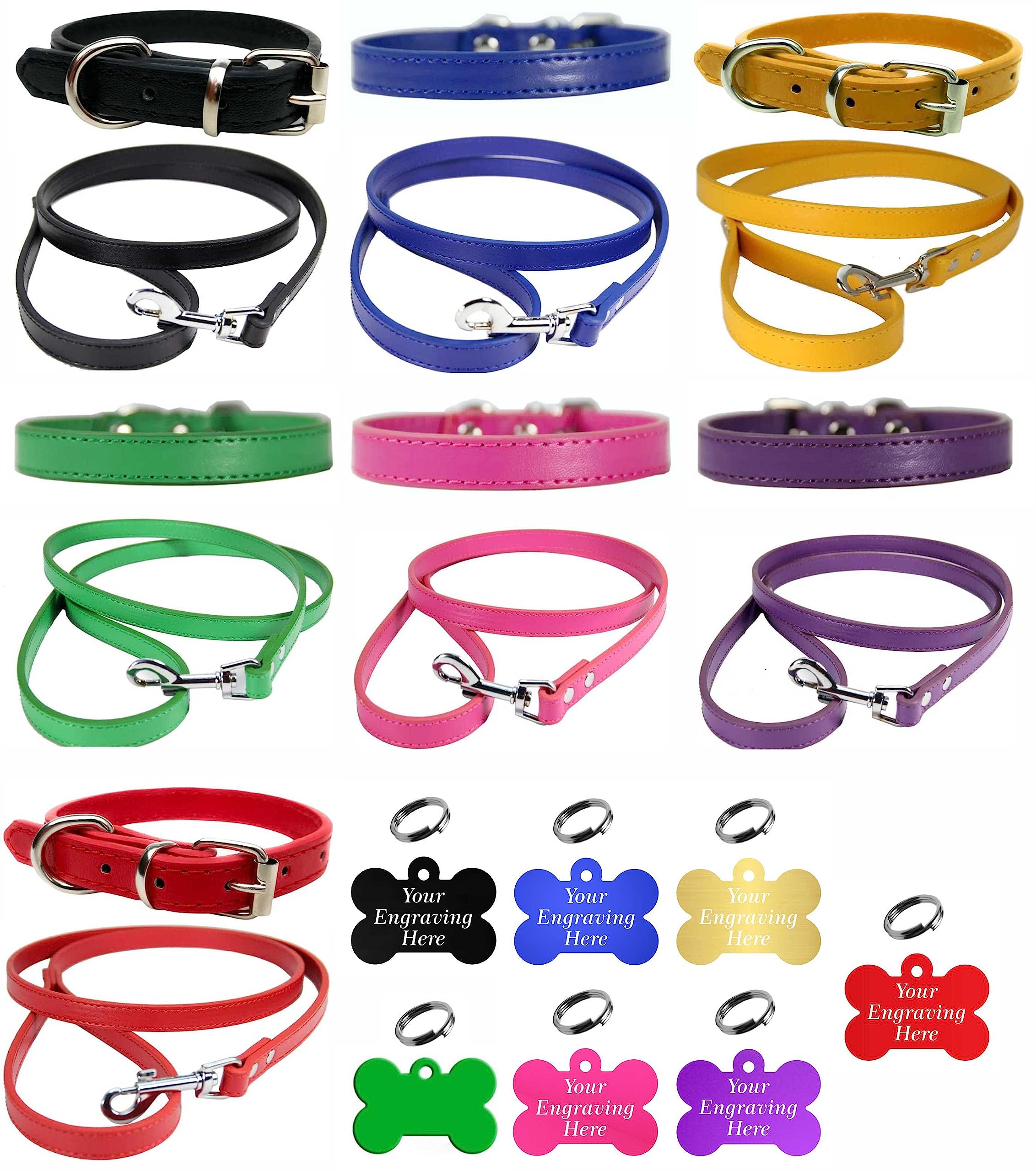 Vibrant Leather Dog Collar & Lead Combo Set for Puppy, Dogs Small, Medium & Large With Personalised Engraved Colourful Bone Tag (X-Small (20cm - 26cm Neck), Blue)
