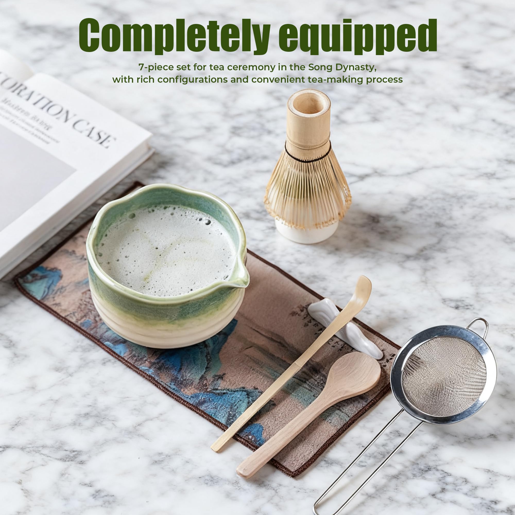 Zestaw Matcha z trzepaczką i miską, japoński zestaw do herbaty Matcha zawiera ceramiczną miskę, trzepaczkę bambusową, uchwyt, miarkę, przesiewacz i szmatkę, kompletny prezent dla początkujących