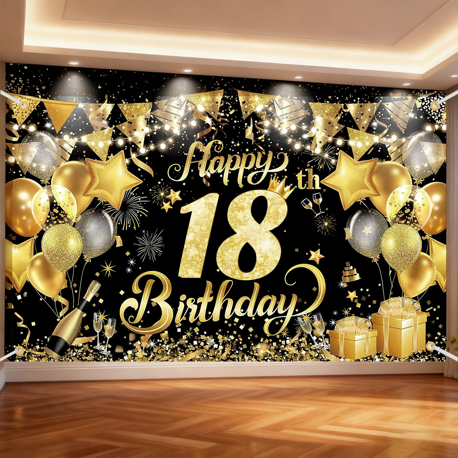 Vectorgolden Happy 18th Birthday Backdrop Banner, 180 x 110 cm Black and Gold Birthday Party Decoration for Boys and Girls, Birthday Party Photo Background, Anniversary Party Supplies