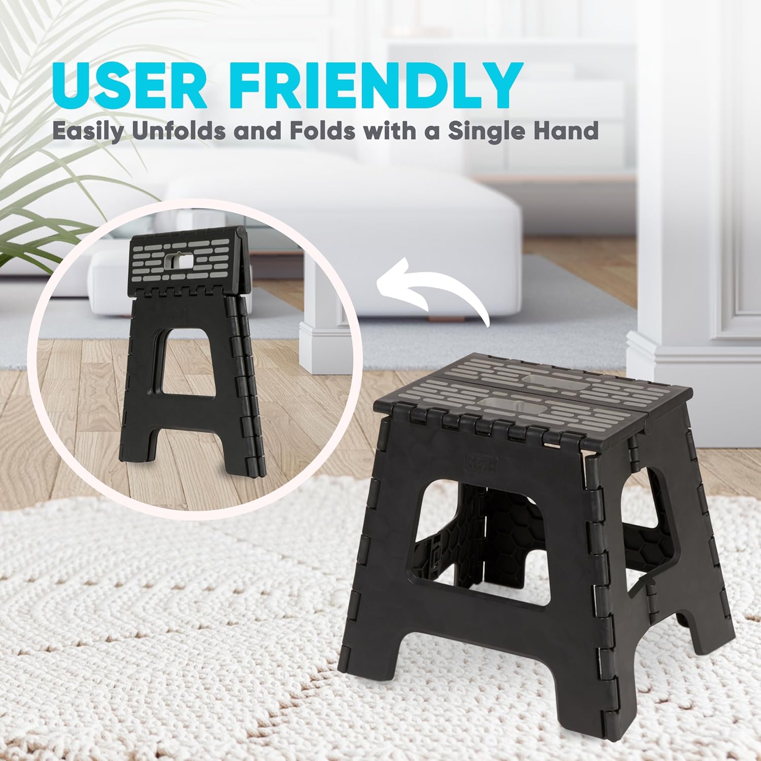 Image illustrating the BLACK+DECKER Folding Step Stool's user-friendly design, showing how it easily unfolds and folds with a single hand.