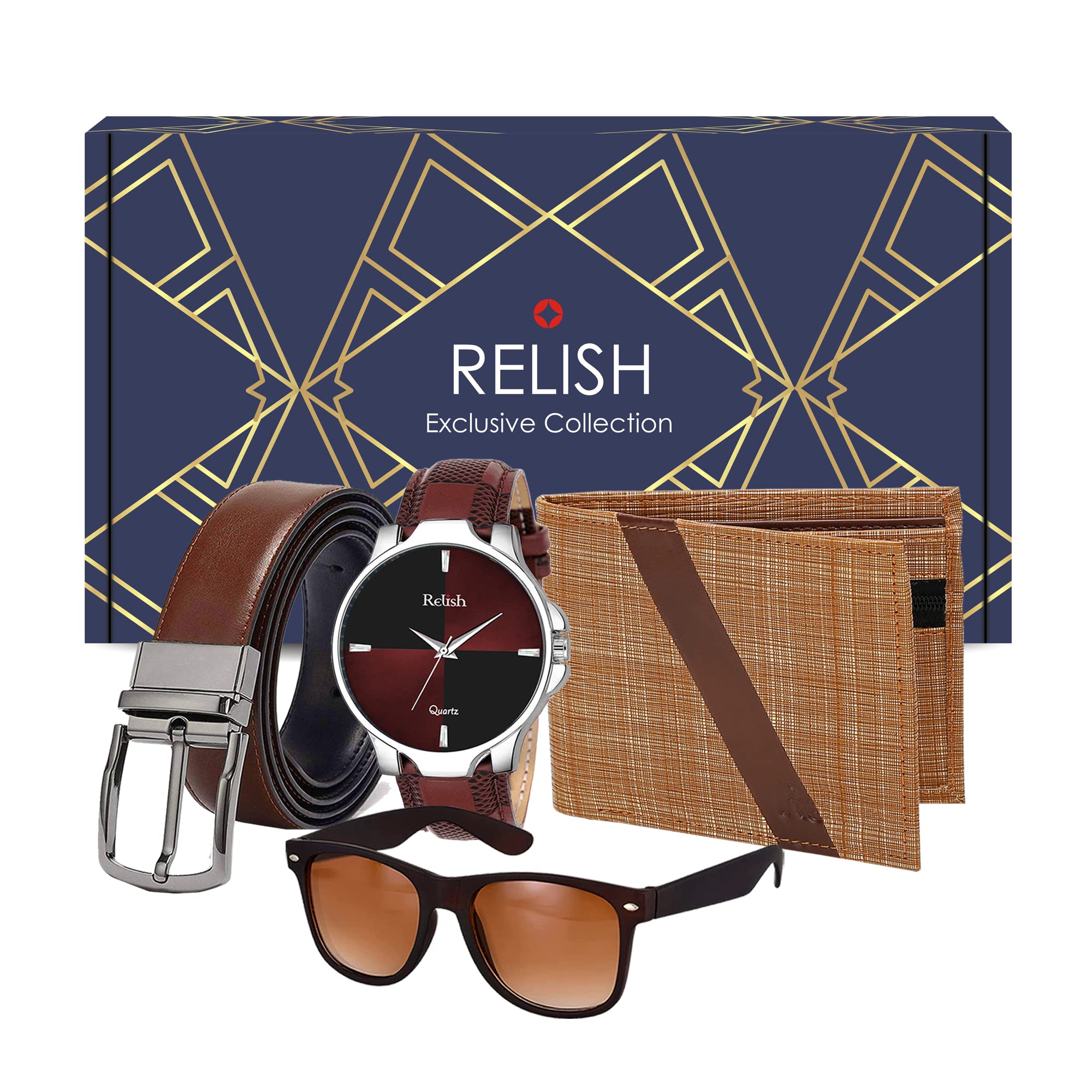 Relish Gift Combo Box of Mens Brown Analog Leather Strap Watch, Texture Wallet, Reversible Belt and Sunglass (B0BDS3QJTW) Amazon Price History, Amazon Price Tracker
