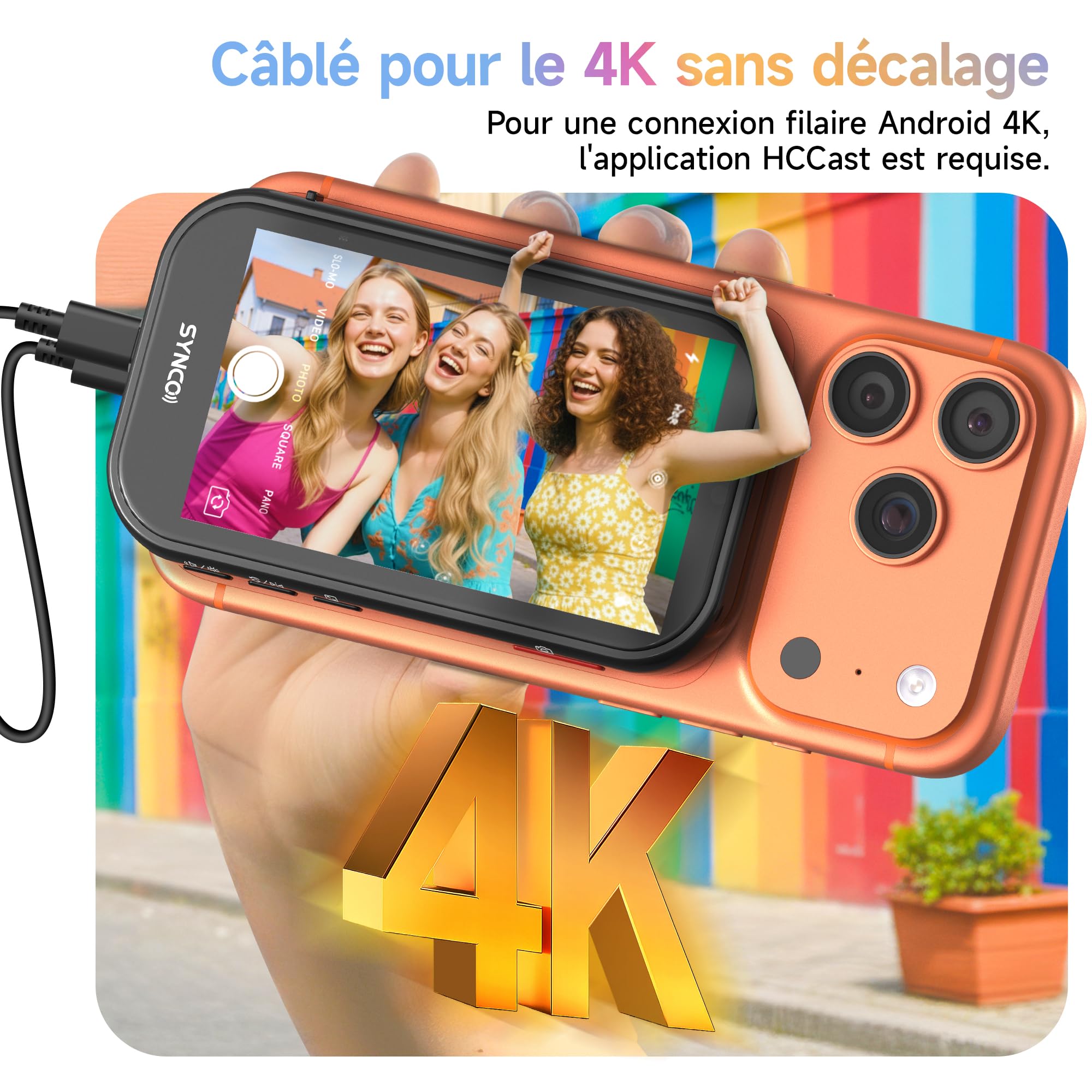 SYNCO XView M4 AI Moniteur Écran Selfie avec Lumière Magnétique pour iPhone et Android, Gesture Control, 4K Zero Latency, Écran Retour Caméra Selfie, Batterie 3h, pour Youtube TikTok (Noir)