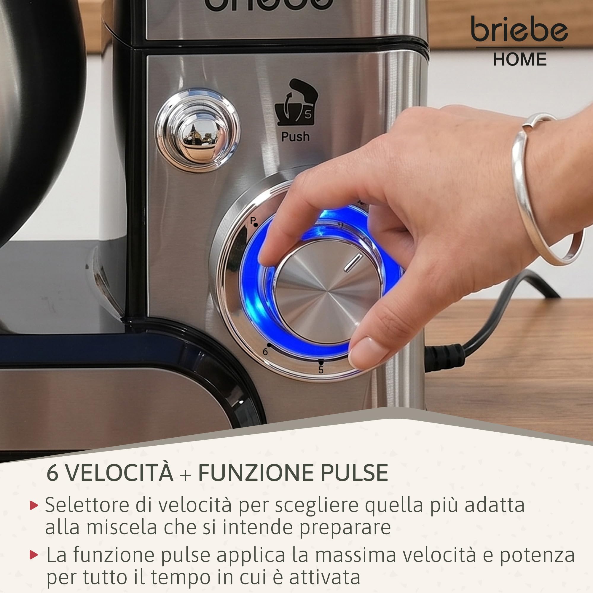 briebe Impastatrice Planetaria Professionale per Pasticceria 1800W MAX, Robot da Cucina Orbitale, Frusta, Gancio Impastatore, Ciotola 5 L, 6 Velocità + Funzione Pulse, Inox KM1114
