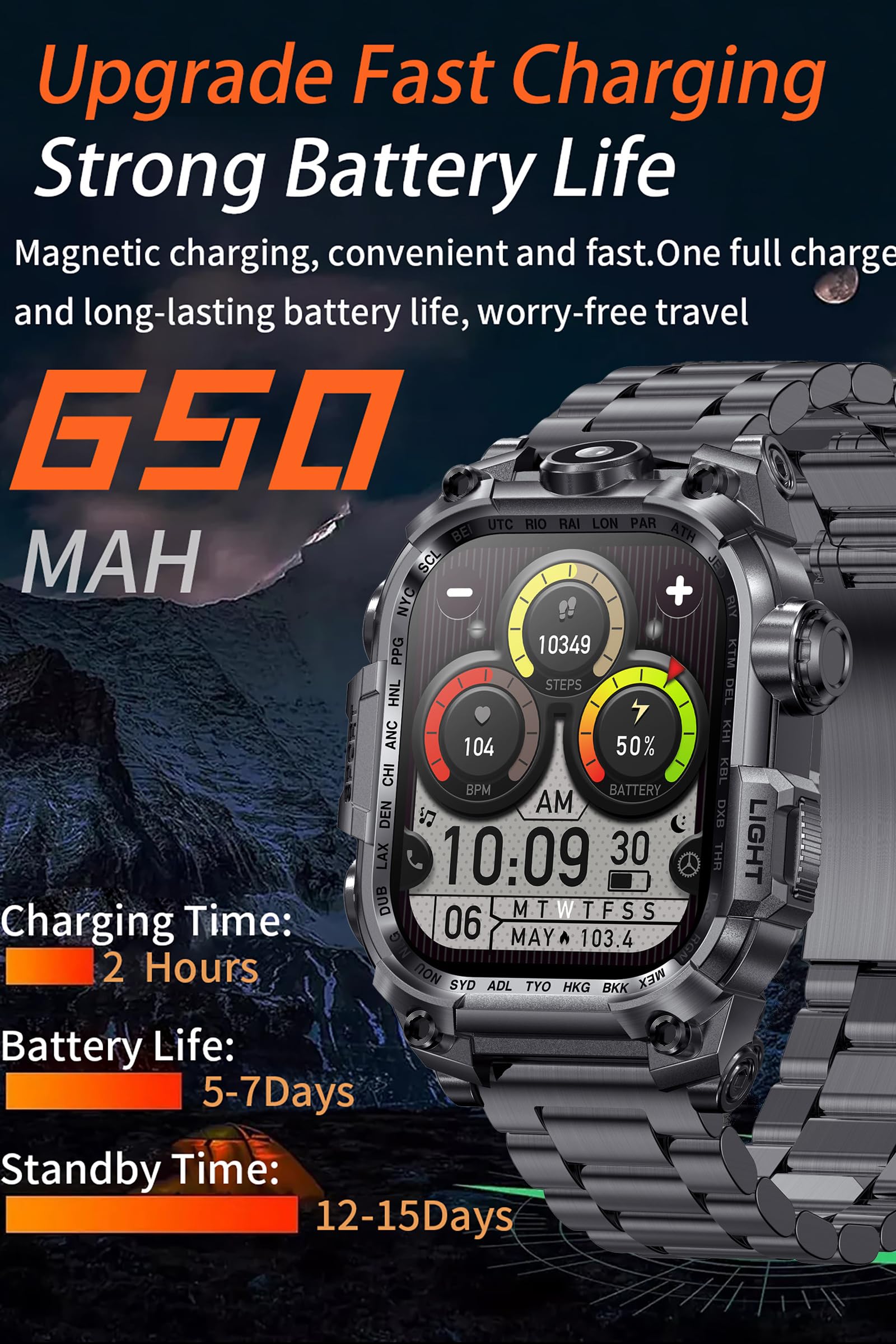 Orologio militare, da uomo, con torcia a LED, funzione telefonica, 2,01", robusto, per attività all'aperto, 100 + modalità sportive, monitoraggio della frequenza cardiaca, monitoraggio del sonno