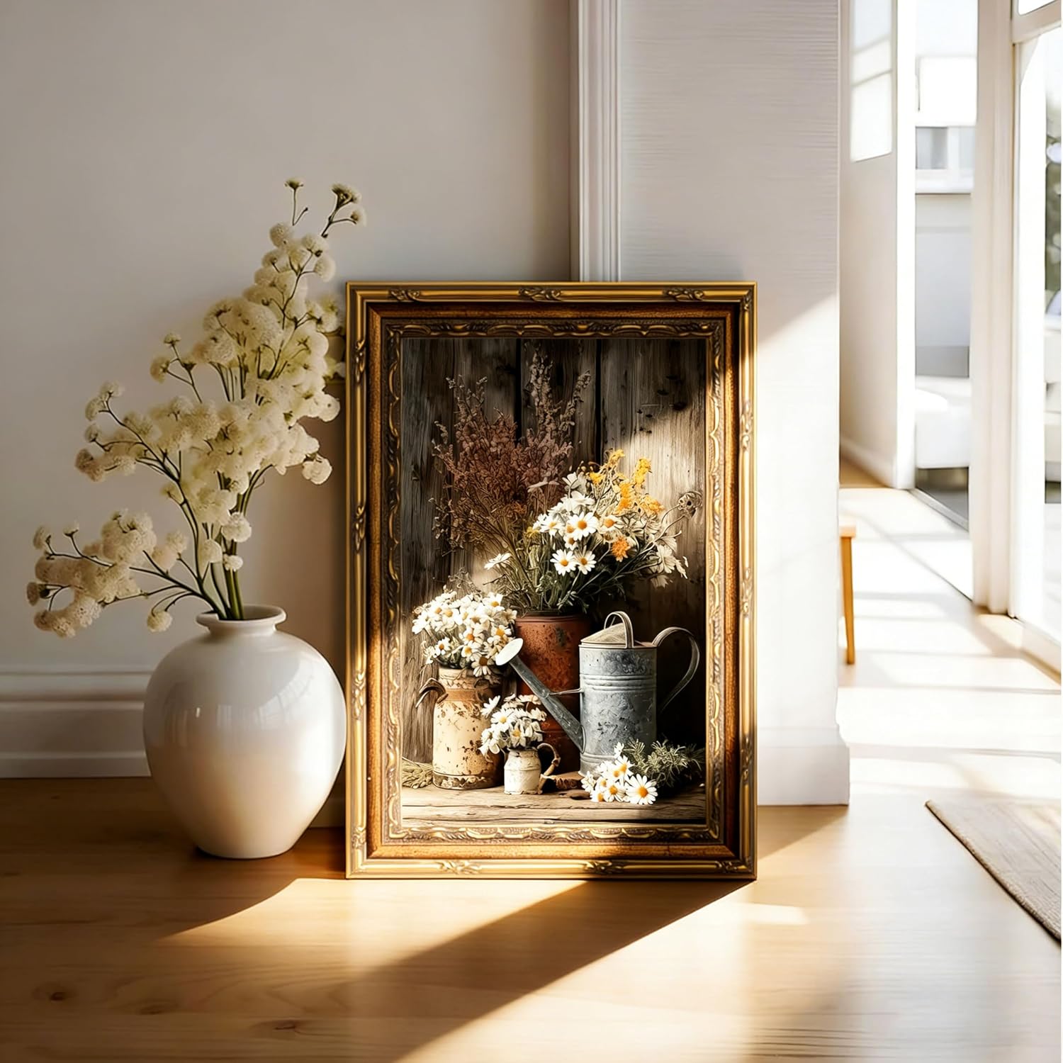 Vintage Gold Framed Wall Art, Farmhouse Rustic Daisy Canvas Prints, White Daisies with Rustic Kettle Artwork, 12x16In, Living Room Bedroom Dining Room Decor