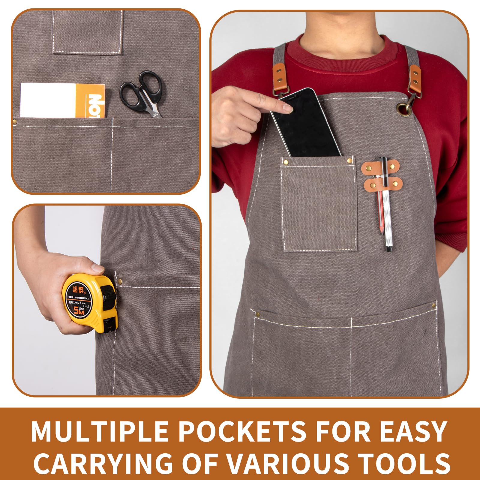 Grembiule da Lavoro Resistente con Tasche Multiple, Regolabile, per Carpenteria, Giardinaggio, Meccanica (Grigio Scuro)