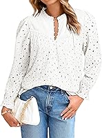 Simplee Women's 2025 Eyelet Lace Puff Sleeve Blouse - Casual V-Neck Embroidered Fall Button-Down Top