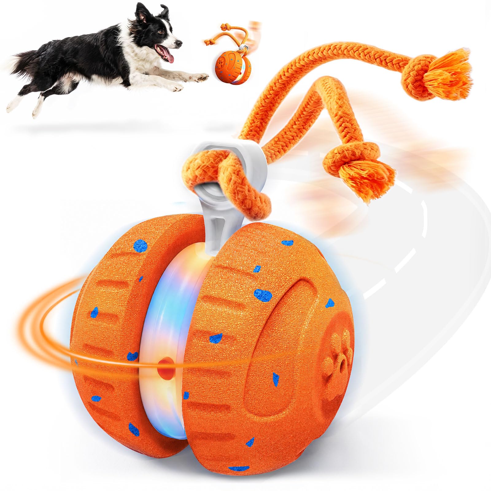 HETOO Dog Toys, Random Path Rolling Dog Ball with Rope