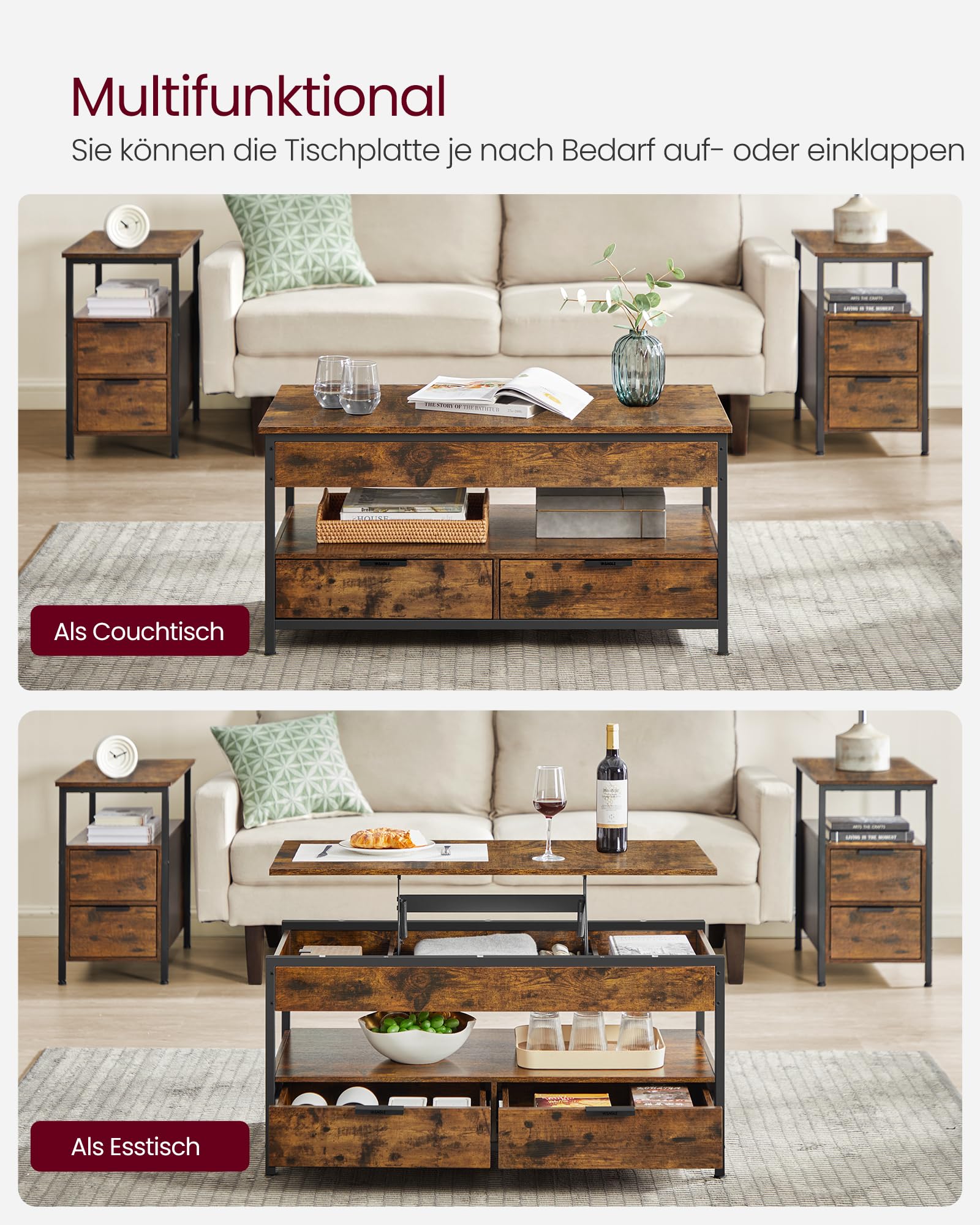 VASAGLE Couchtisch höhenverstellbarer Wohnzimmertisch mit Schubladen 50 x 100 cm vintagebraun-tintenschwarz