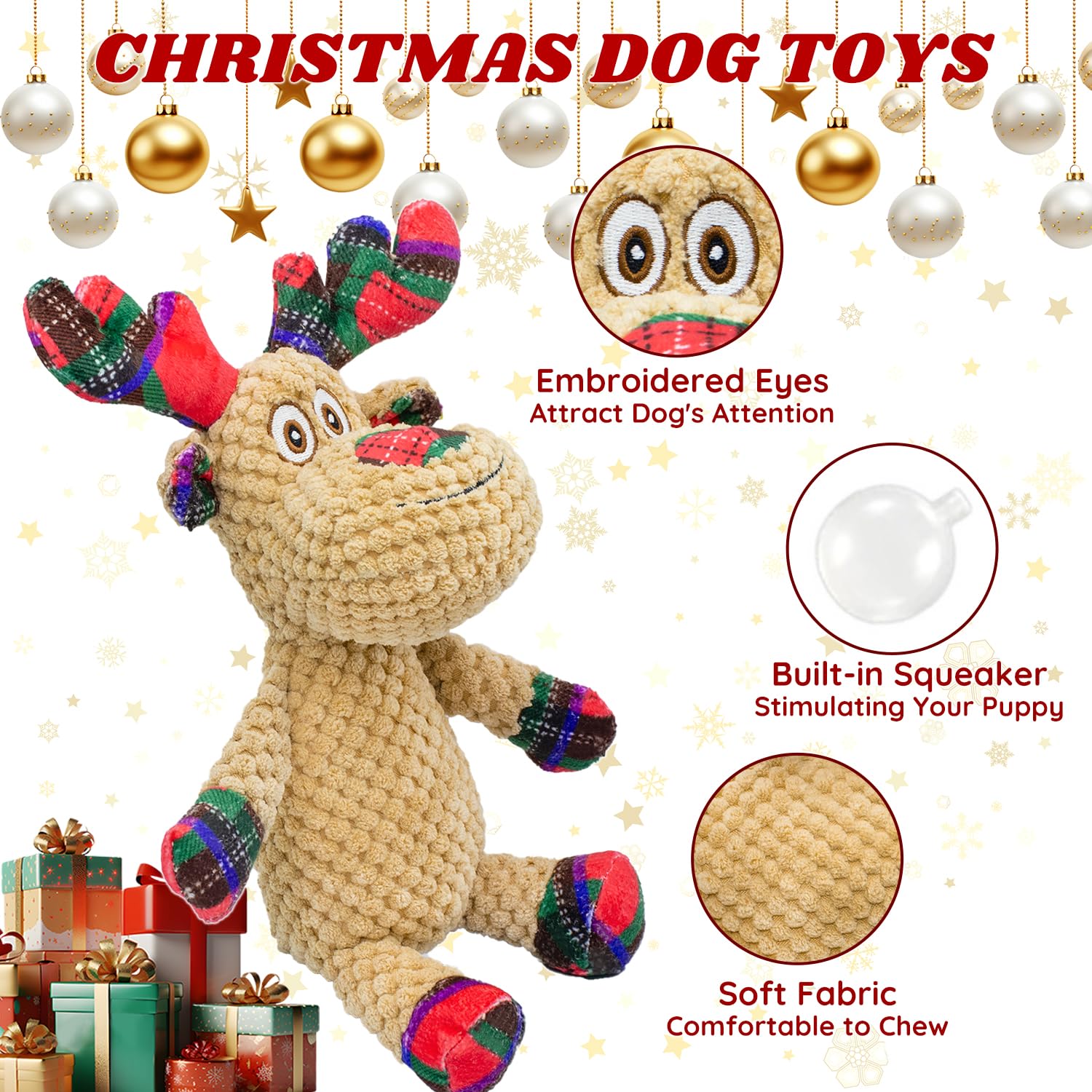 Juguetes chirriantes de Navidad para perros, juguetes interactivos de peluche para perros pequeños y medianos, adecuados para entrenar y reducir el aburrimiento y la ansiedad (reno)