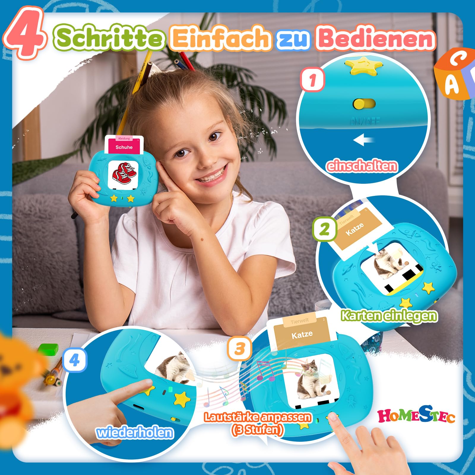 HOMESTEC Spielzeug ab 2 jahre - Deutsche Sprechende Lernkarten 144 Blätter 288 Wörter, Learnspielzeug für Kind im Vorschulalter 2 3 4 5 Jahre, Geschenke für Kinder Geburtstag, Blau