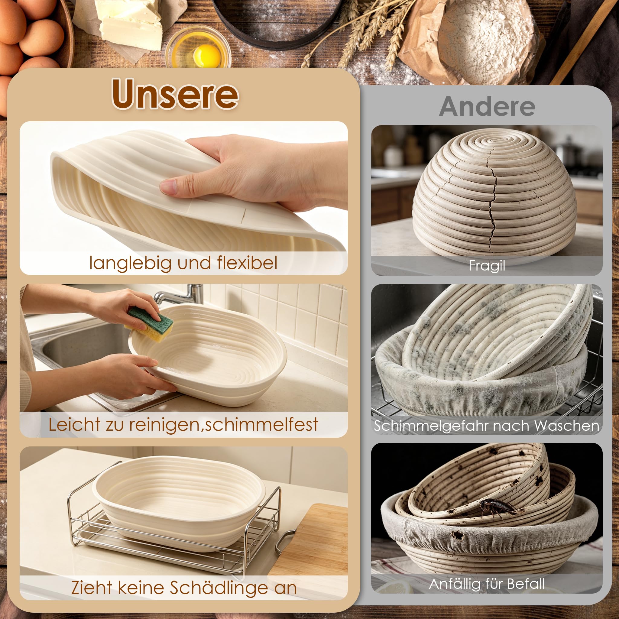 6 rijsmandjes voor brood, broodgaartjes van siliconen, broodmanden rond 23,5 cm en ovaal 26 cm, banneton voor broodbakset met 3 spatels, 1 penseel