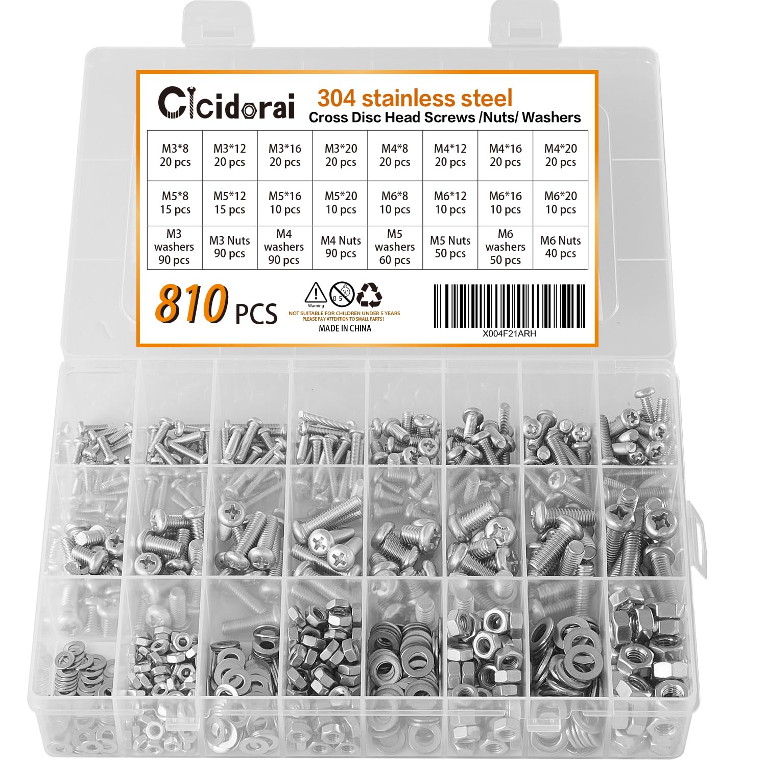Juego surtido de 810 tornillos Phillips de acero inoxidable M3 M4 M5 M6 304 con tuercas, arandelas y 1 llave hexagonal