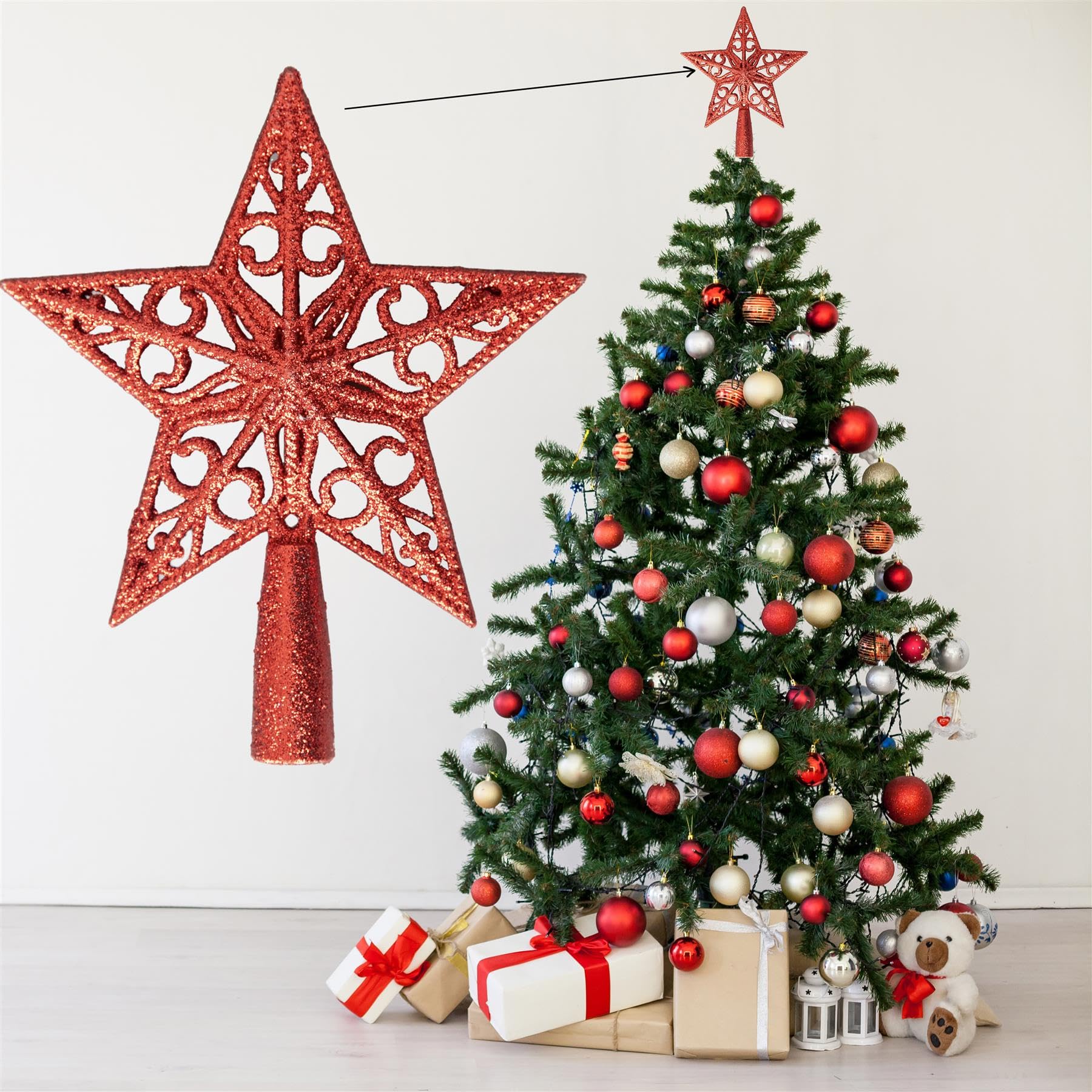 14.5cm Red Glitter Star Christmas Tree Topper Shatterproof for Christmas Tree Decorations Xmas Treetop Tree Crown Holiday Ornament - Image 3