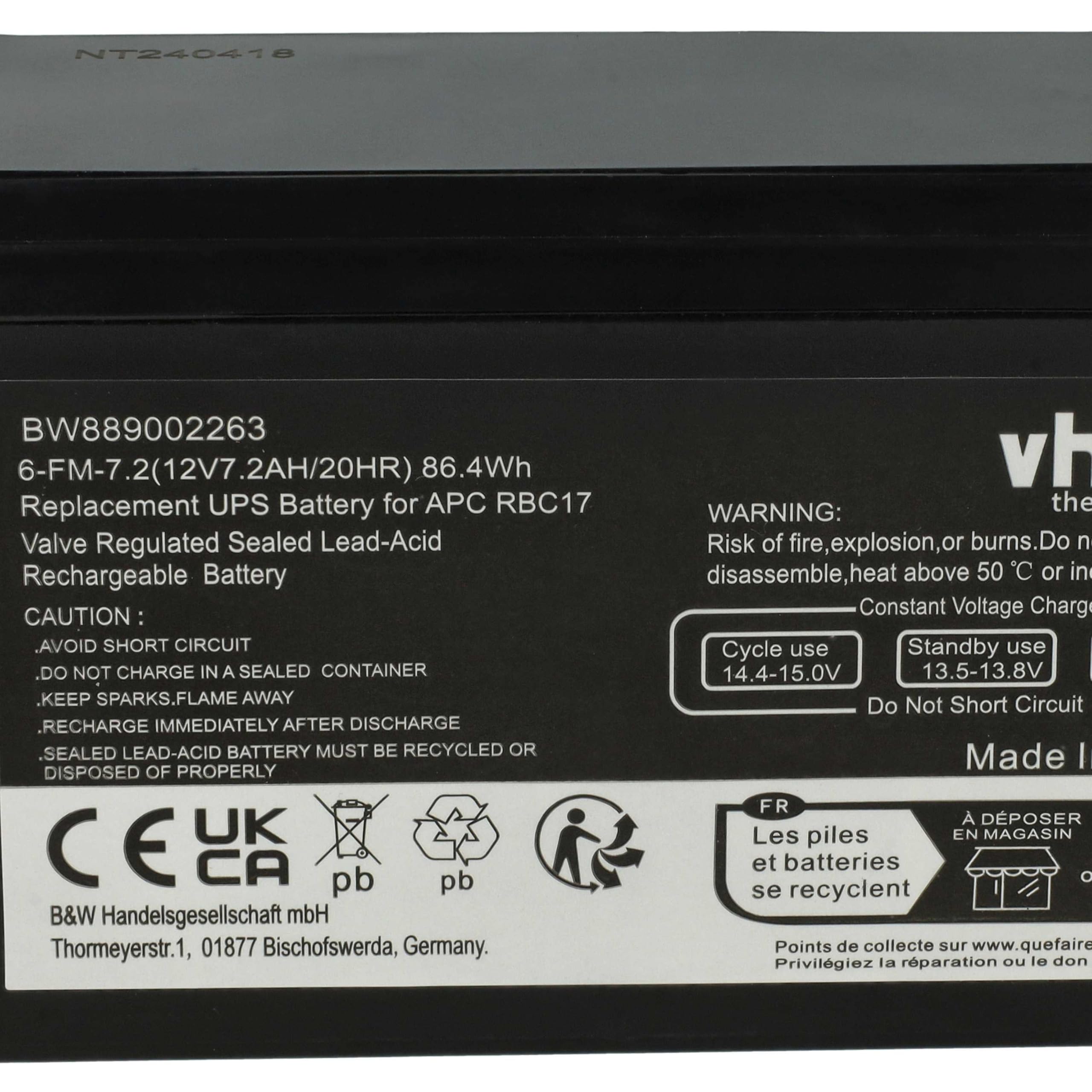 vhbw 1 x bateria zastępuje APC RBC17 do UPS (7,2 Ah, 12 V, AGM)