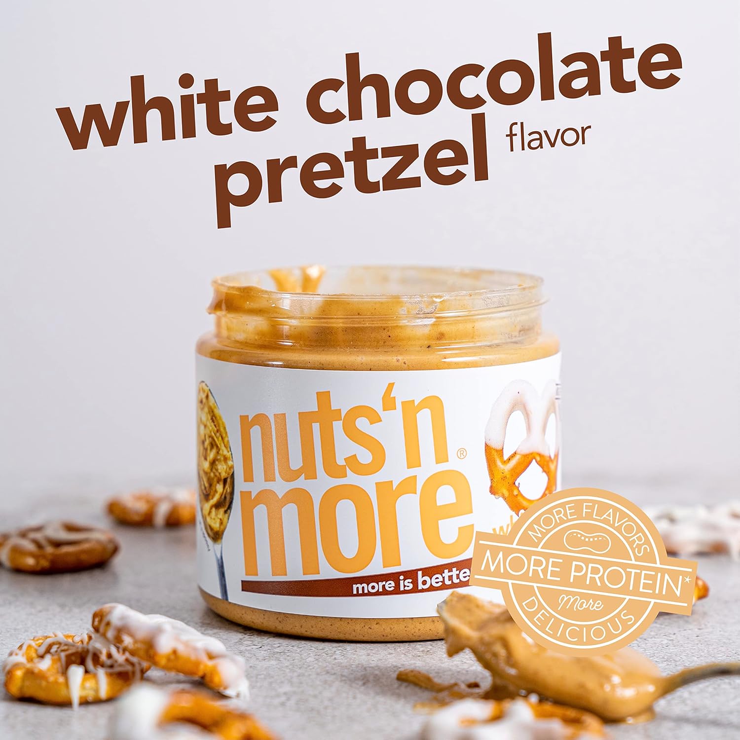 Nuts ‘N More White Chocolate Pretzel Peanut Butter Spread - High Protein, Low Carb, Low Sugar, Gluten Free, Non-GMO, All-Natural Nut Butter Snack (15oz Jar)