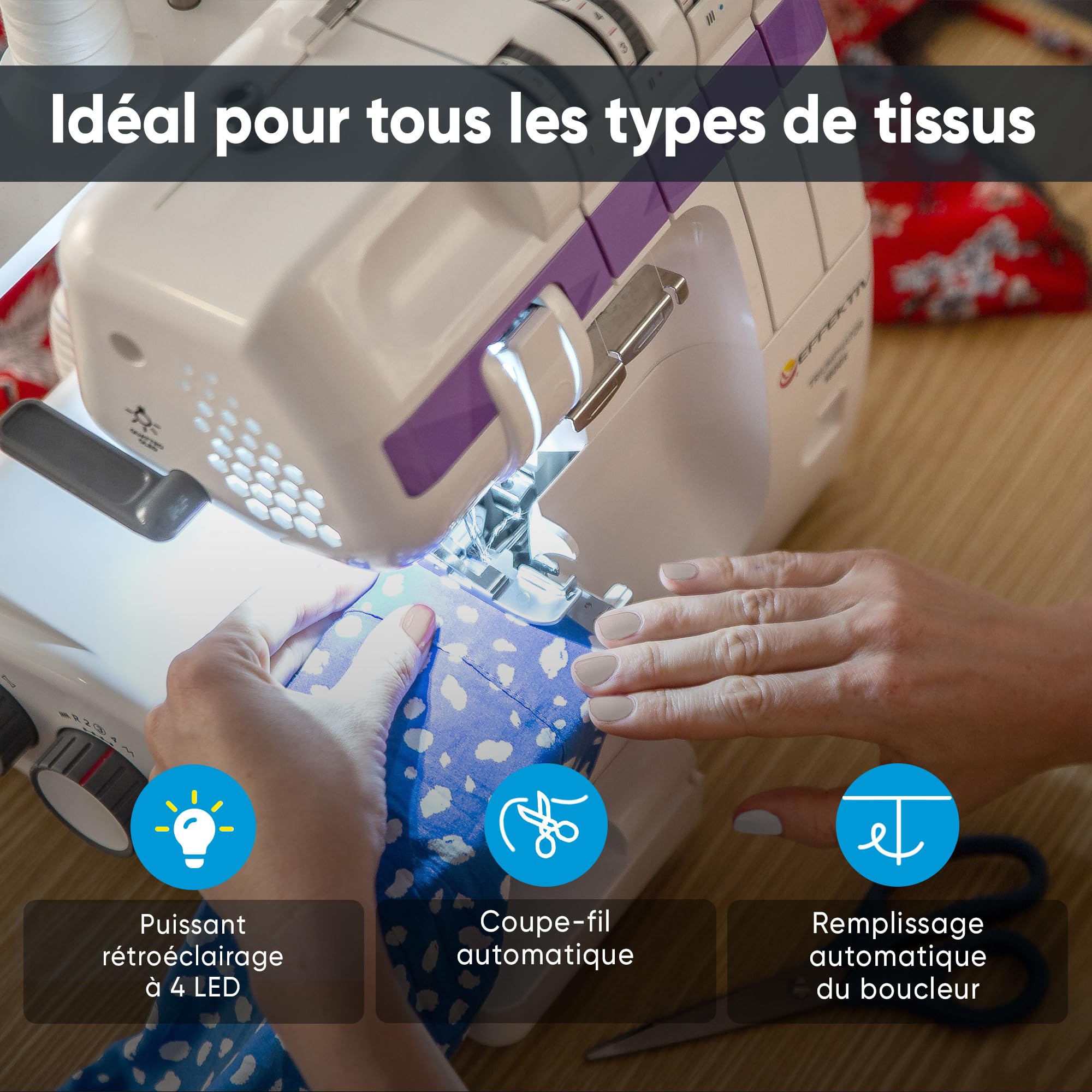 EFFEKTIV Surjeteuse Triumphator 1800X, Machine à Coudre Overlock, Filetage 2/3/4 Avec Différentiel, Cadre Entièrement en Métal, 20 points, Automatique, Puissant 120W-1350 points/min, Pédale (Violette)
