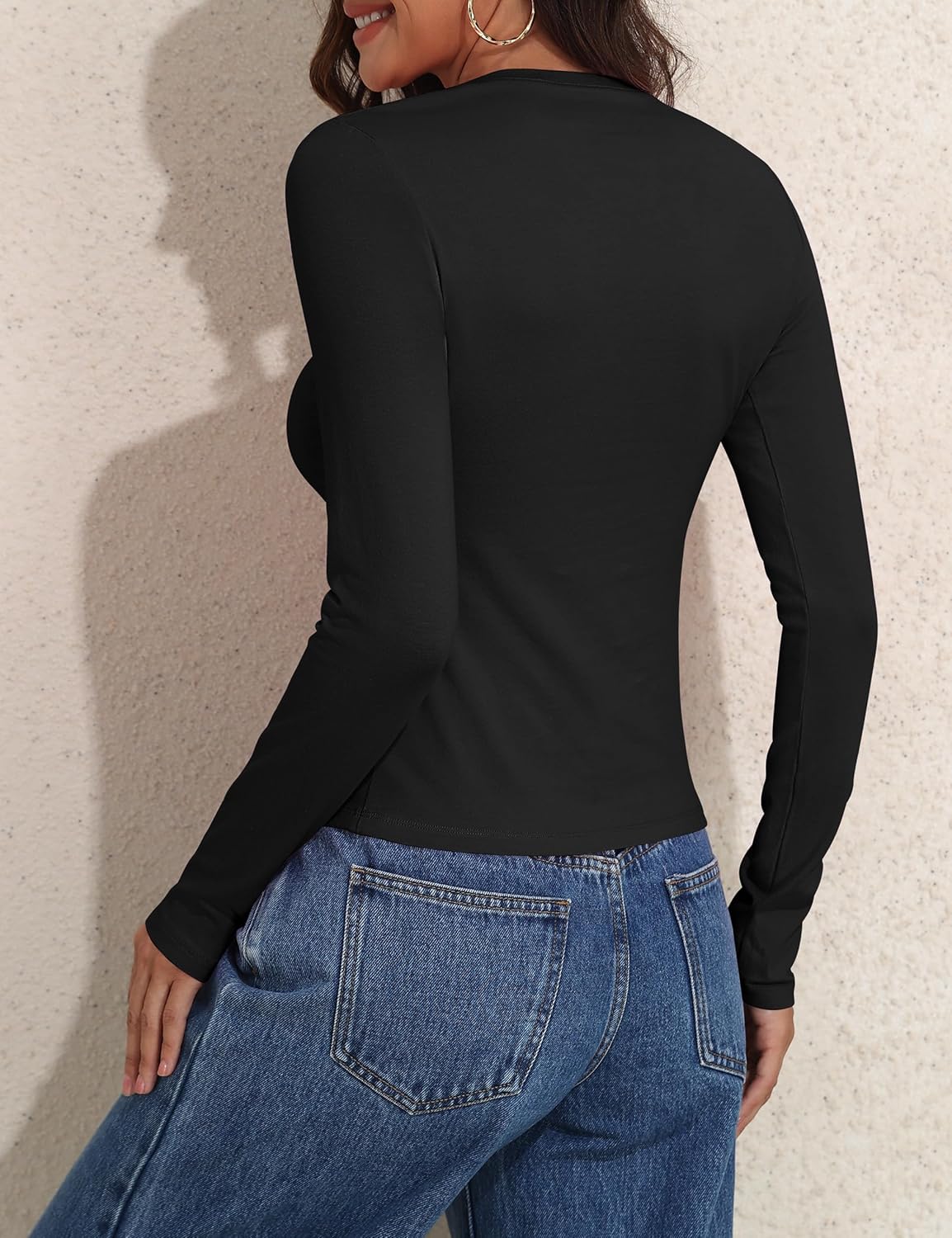 Long Sleeve Shirts for Women Cotton Jersey V Neck Going Out Tops Slim Fit Fall Casual Basic Tee - Image 7