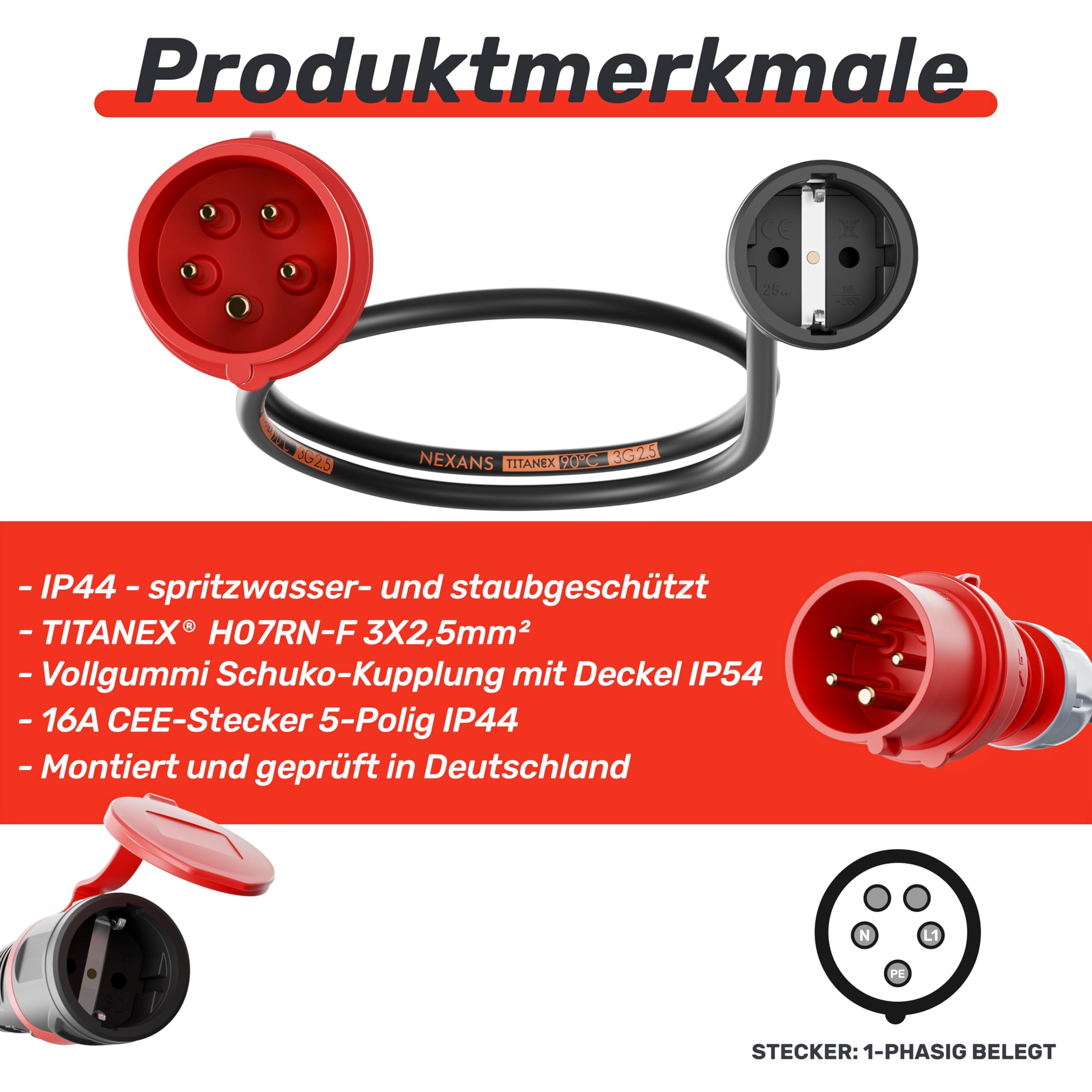 NWP Adapter 1,5m 16A 400V Stecker Starkstrom auf 230V Schuko Kupplung - IP44-3x2,5mm² Gummischlauchleitung