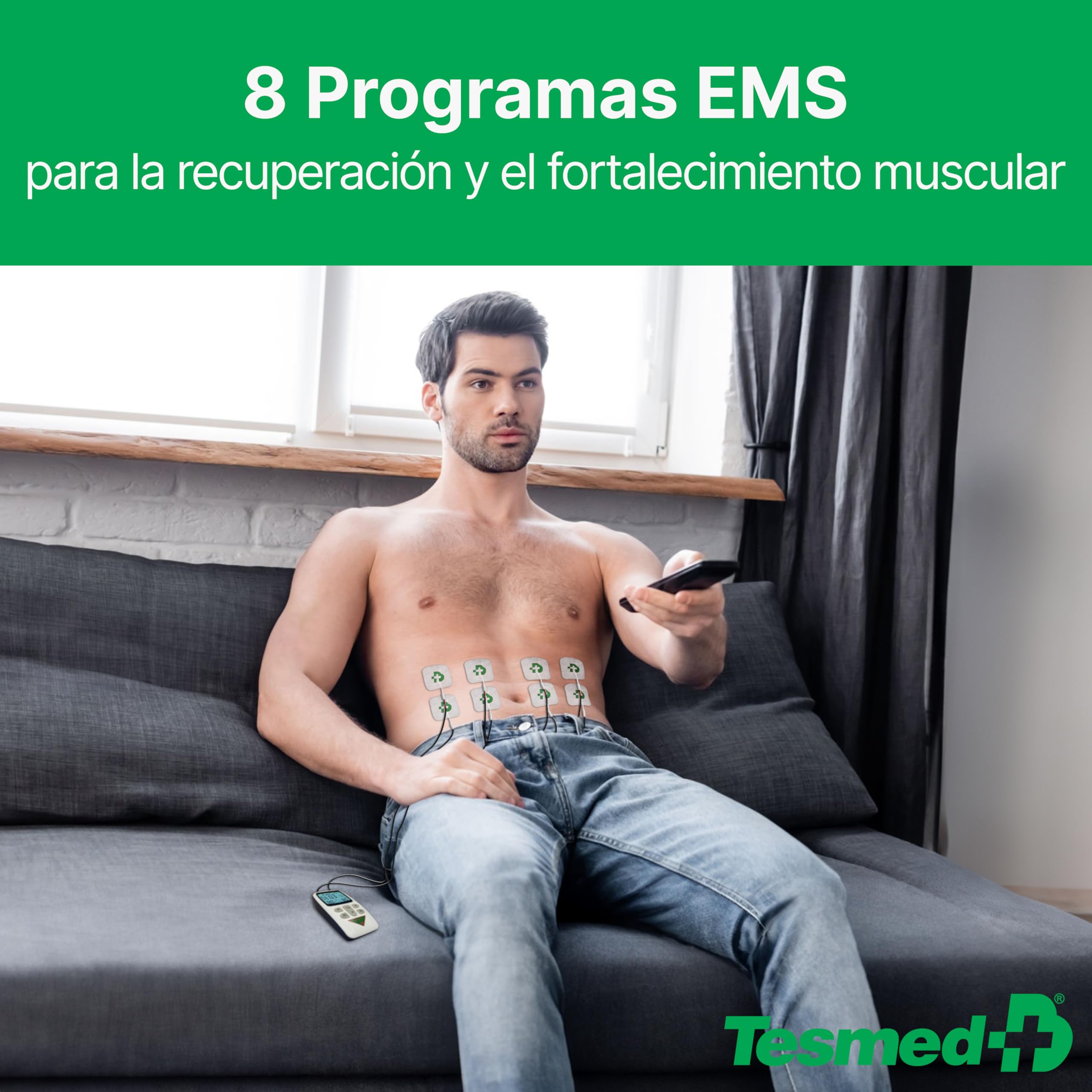 TESMED Fit Electroestimulador Muscular para EMS, TENS, Masaje (3 en 1), 22 Programas de los cuales 6 Personalizables, Aliviar el Dolor y Estimular Abdominales, Glúteos, Pectorales