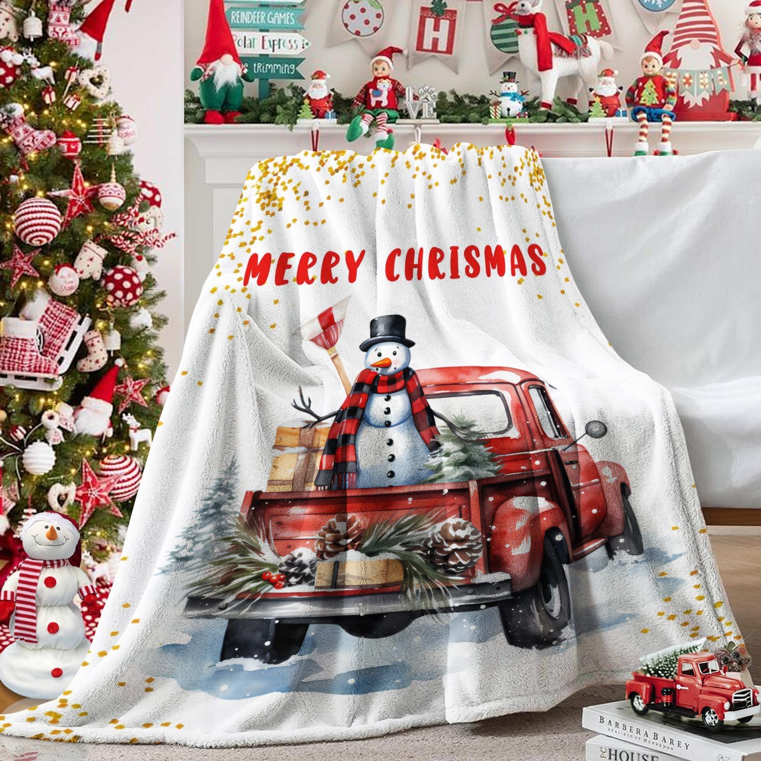 Sofevaim Christmas Throw Blanket, Red Truck Blanket Snowman