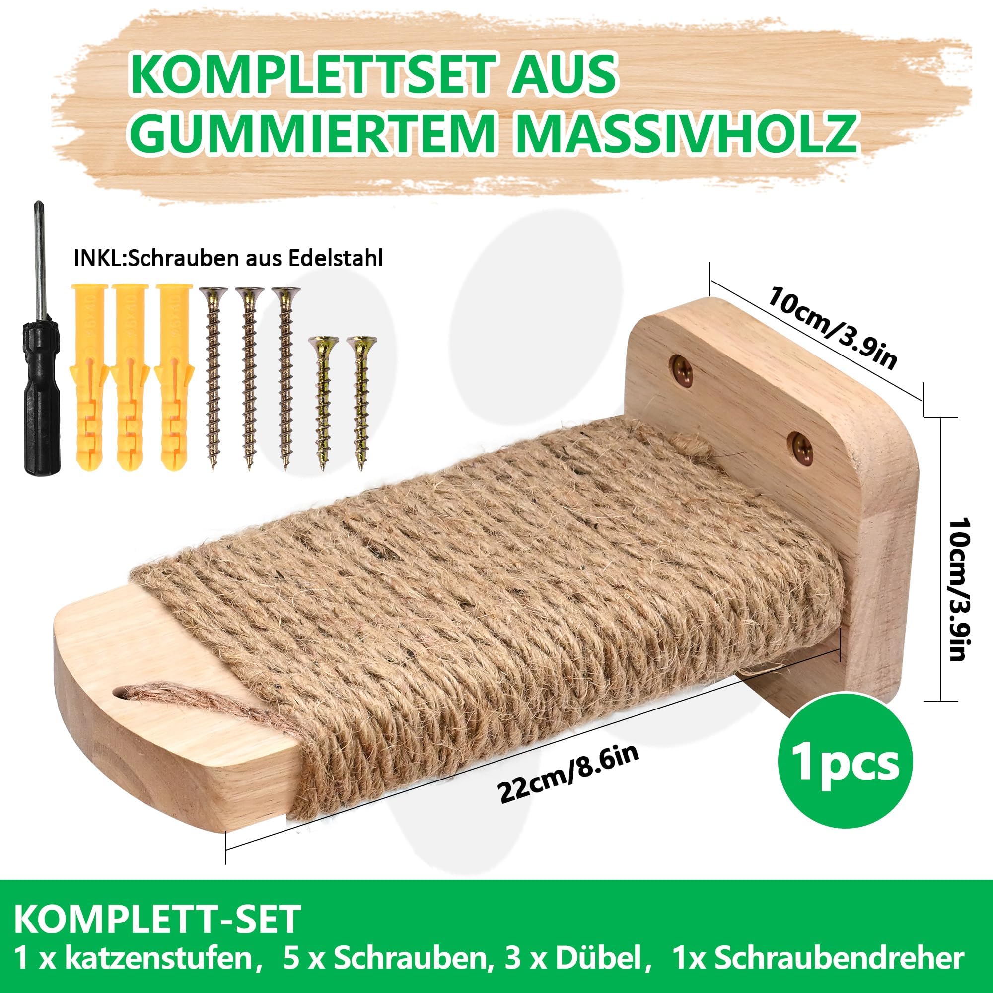 Katzentreppe Wand(1pcs), Kletterwand Katzen, Wandliege Katzen, mit Einlage-Handwerkskunst, aus 2cm Massives Gummiholz, für Katze Klettern Spielen, Maximale Tragfähigkeit 35kg