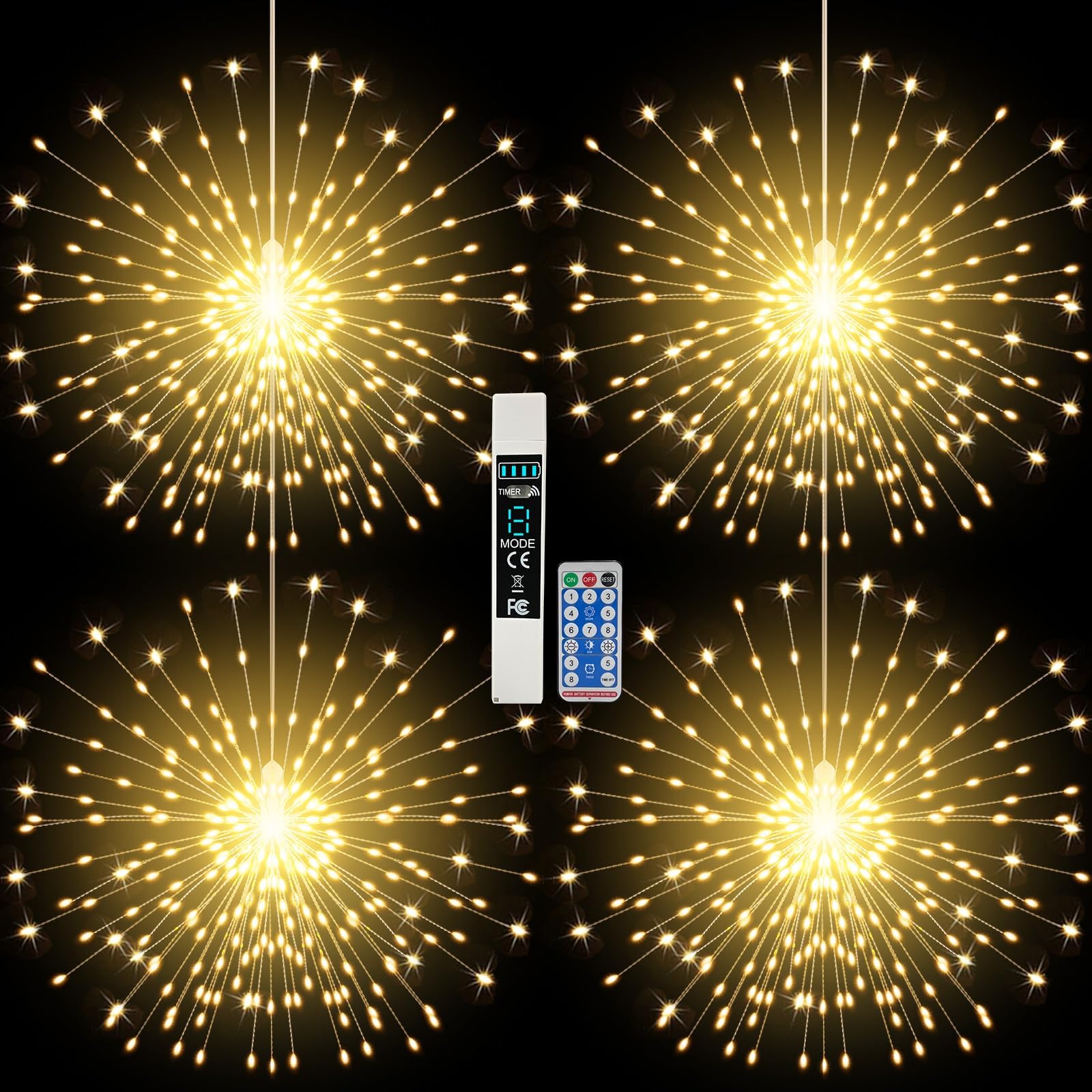 Firework Lights Waterproof Hanging, 200 LED Battery Operated Decorative String Lights Outdoor for Wedding, Party, Backyard, Patio Indoor Fairy Night Light for Home Decor, Bedroom Rechargeable, 4 Pack