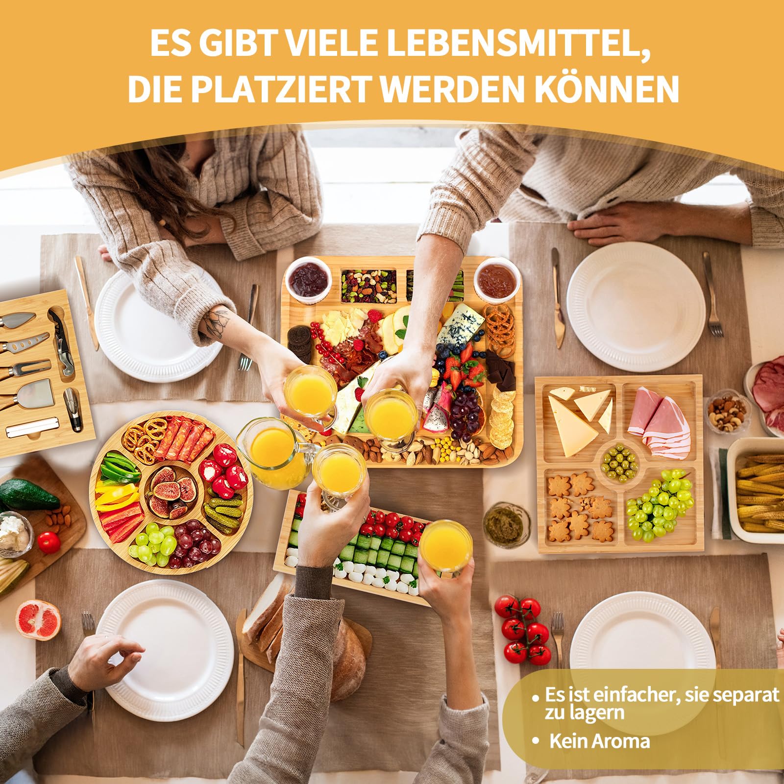 Bambus-Käsebrett, Käsebrett mit Käsemesser-Set, Charcuterie Board,Käsebretter, Servierbrett, für Wein, Cracker, Brie und , Fleisch, Einweihungsgeschenk für Leckereien, Weihnachten, Erntedankfest