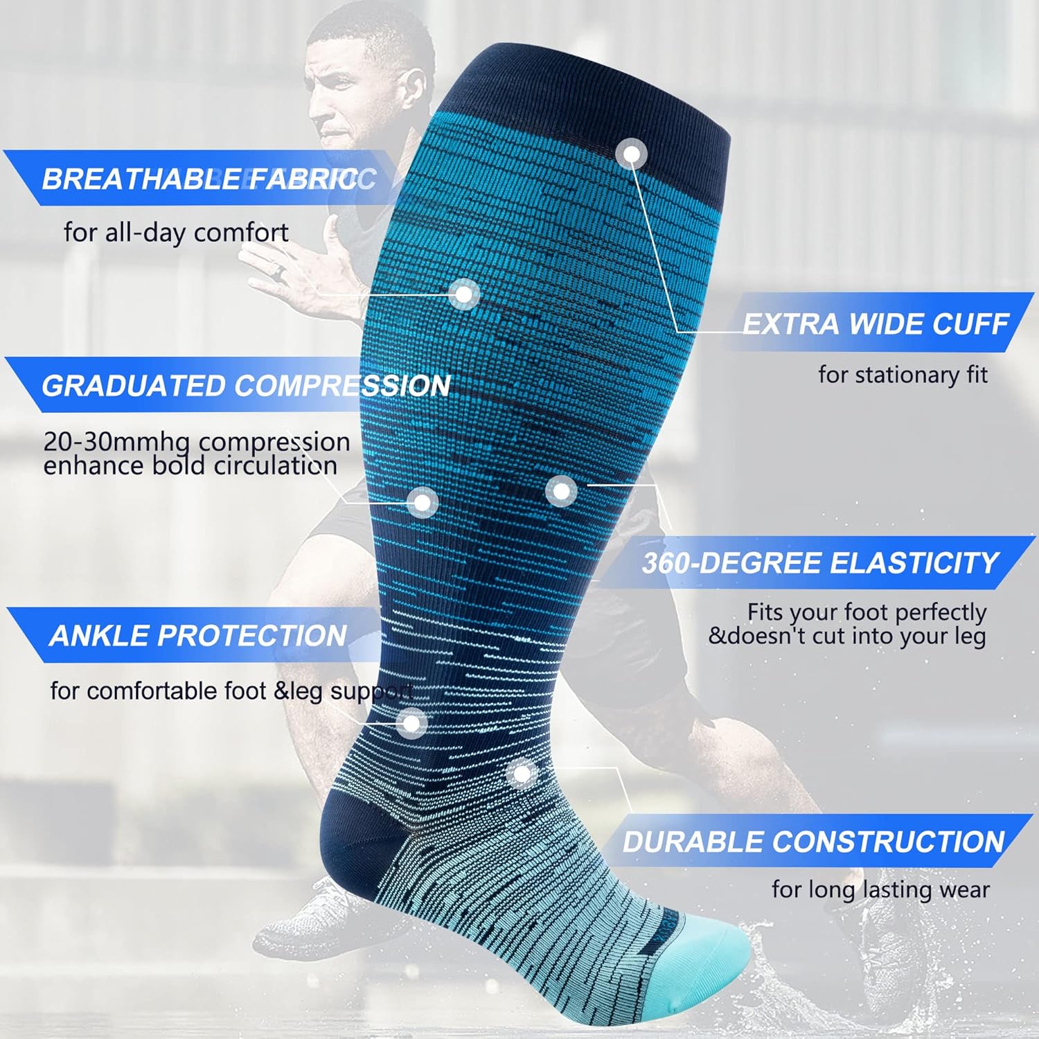 LEVSOX Plus Size Compression Socks Wide Calf Men&Women 20-30 mmhg Knee High Support Socks for Medical, Nurse, Diabetic - Image 2