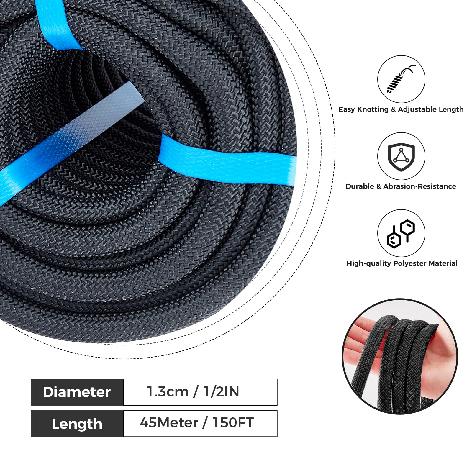 Cuerda de Escalada de 1/2 Pulgada, 150 pies, Cuerda de arborista de poliéster Trenzado Doble, Cuerda de Nailon Resistente para Anclaje, Trabajo en árboles, Carga, Tirar, Vela (Negro)