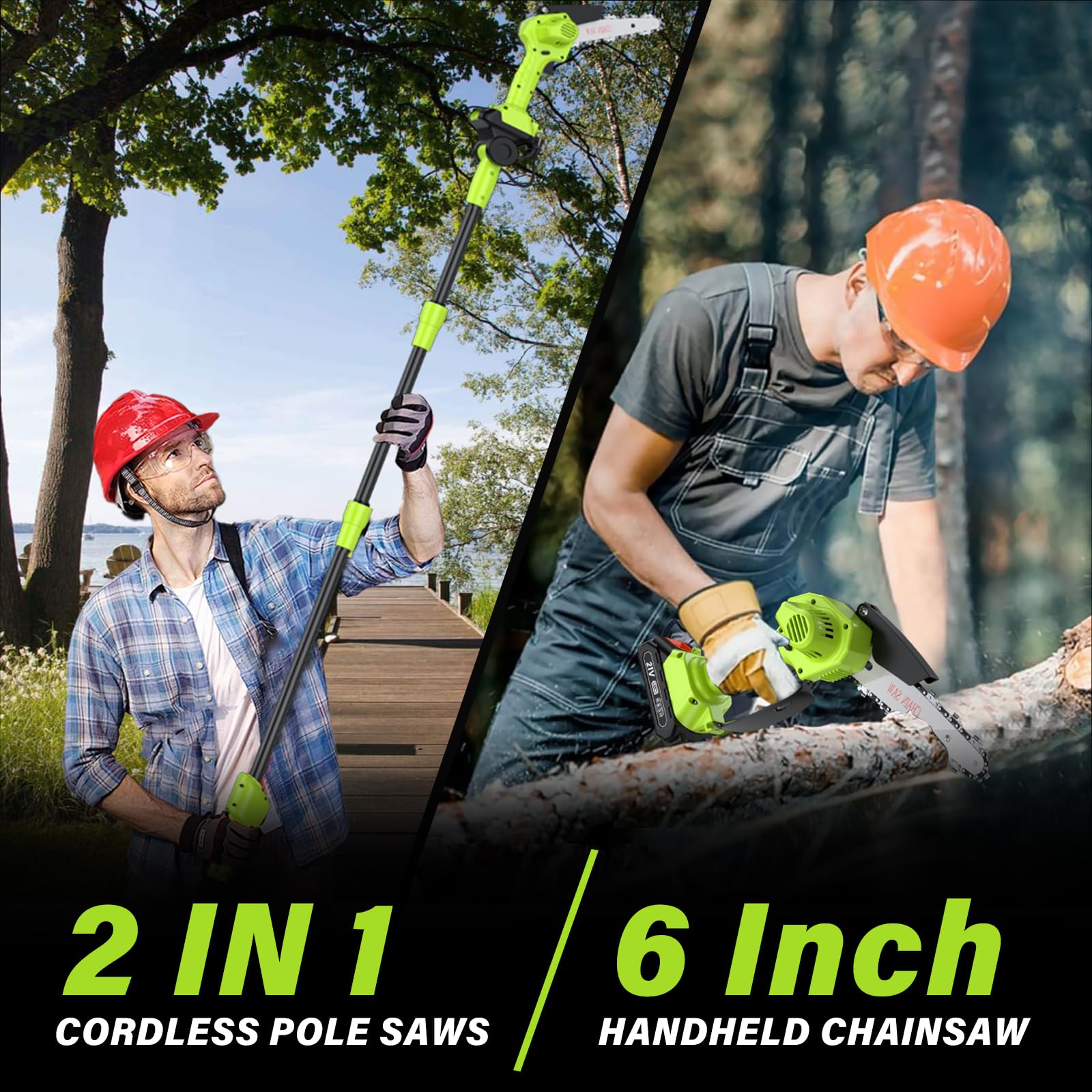 Élagueuse sur Perche Sans Fil et Mini Tronconneuse a Batterie 2 en 1 Tronconneuse Electrique 6 Pouces avec 2 Batteries, 4 Chaînes, Gant, Lunettes, Bandoulière, pour Jardin, Branches, Bois