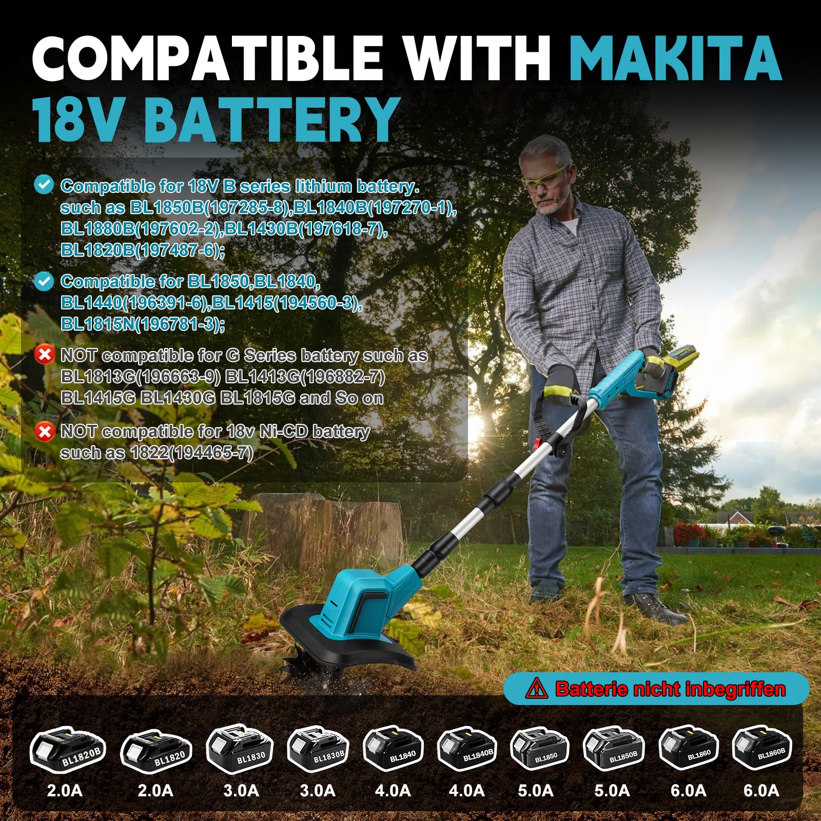 Fresadora de Jardín Inalámbrica para Makita 18V (sin Batería) | 550W, Azada sin Escobillas, Profundidad 15 cm, Ancho 20 cm, Cultivador para Jardín y Patio