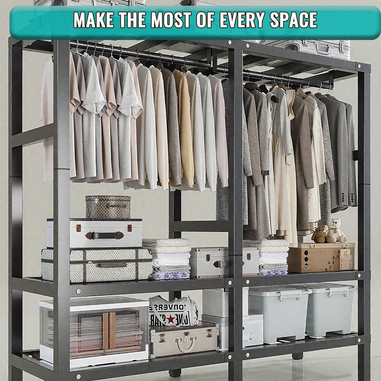 Mobiler Industrieller Kleiderständer mit Rädern, zusammenklappbarer Kleiderständer zum Aufhängen von Kleidung, tragbares Kleiderschrank-System,A,49.2"/125CM