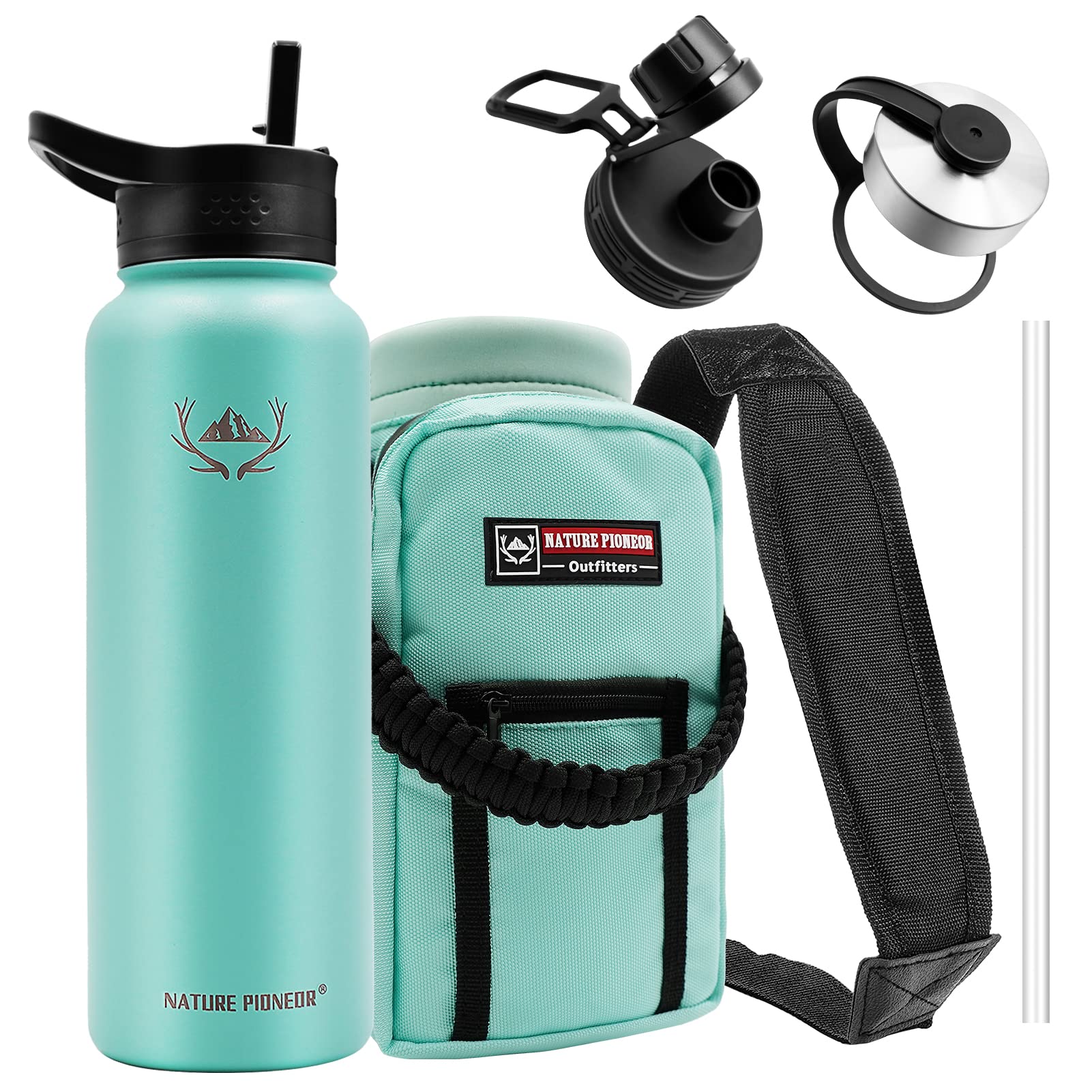 NATURE PIONEORInsulated Water Bottles with Straw - 24/32/40 oz Stainless Steel Vacuum Water Bottle with Holder/Carrier/Sleeve - Reusable 18/8 Food Grade Thermos Water Jug